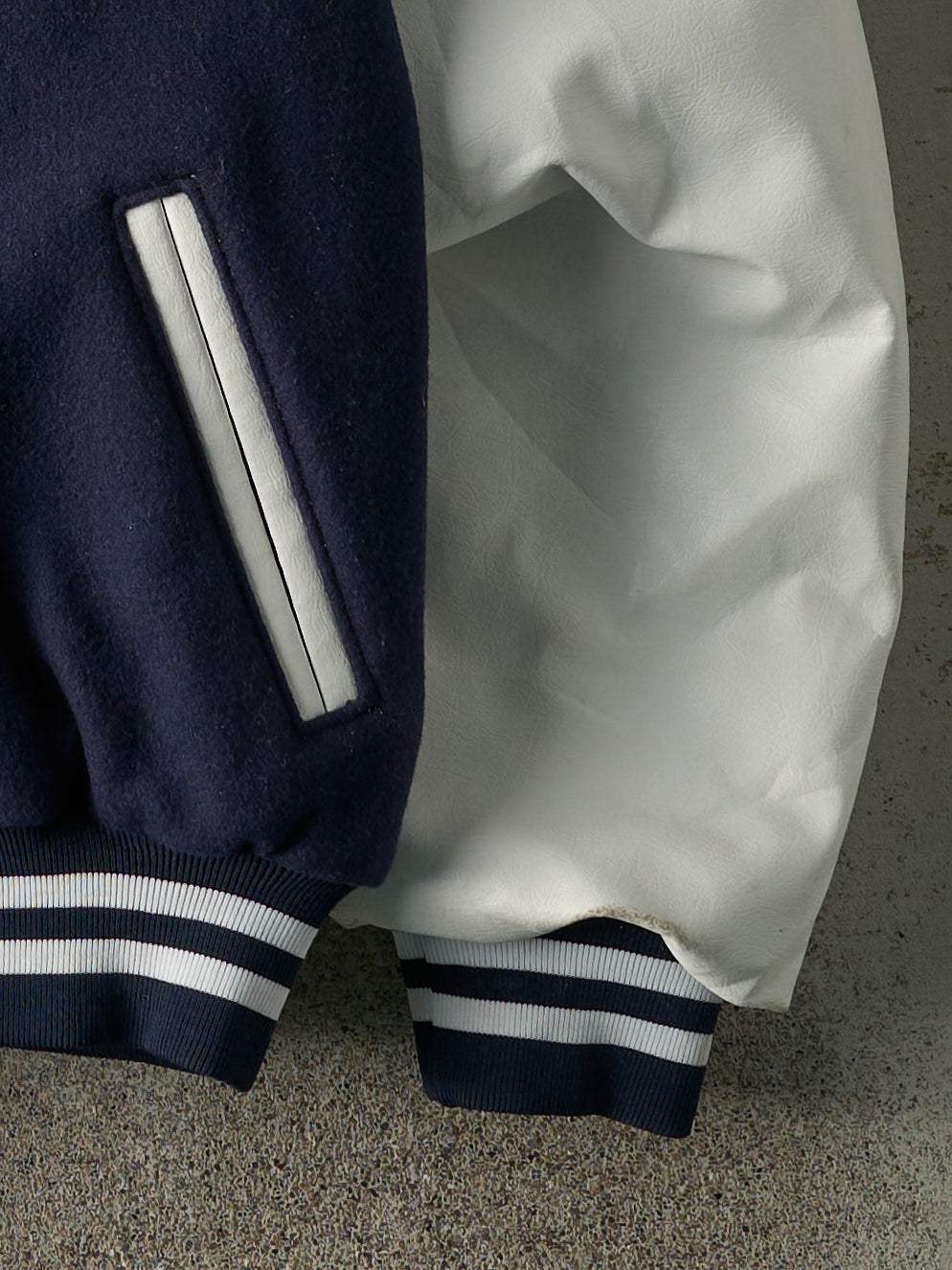 Vintage 90s Navy Blue & White Wool & Leather Varsity Jacket (L)