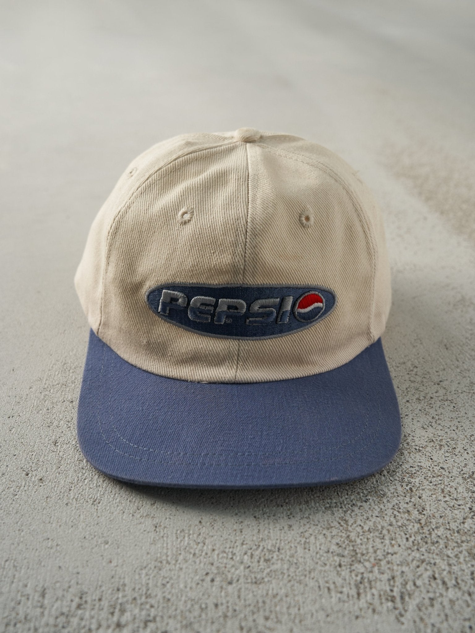 Vintage Y2K Beige & Blue Embroidered Pepsi Strapback Hat (7 5/8)