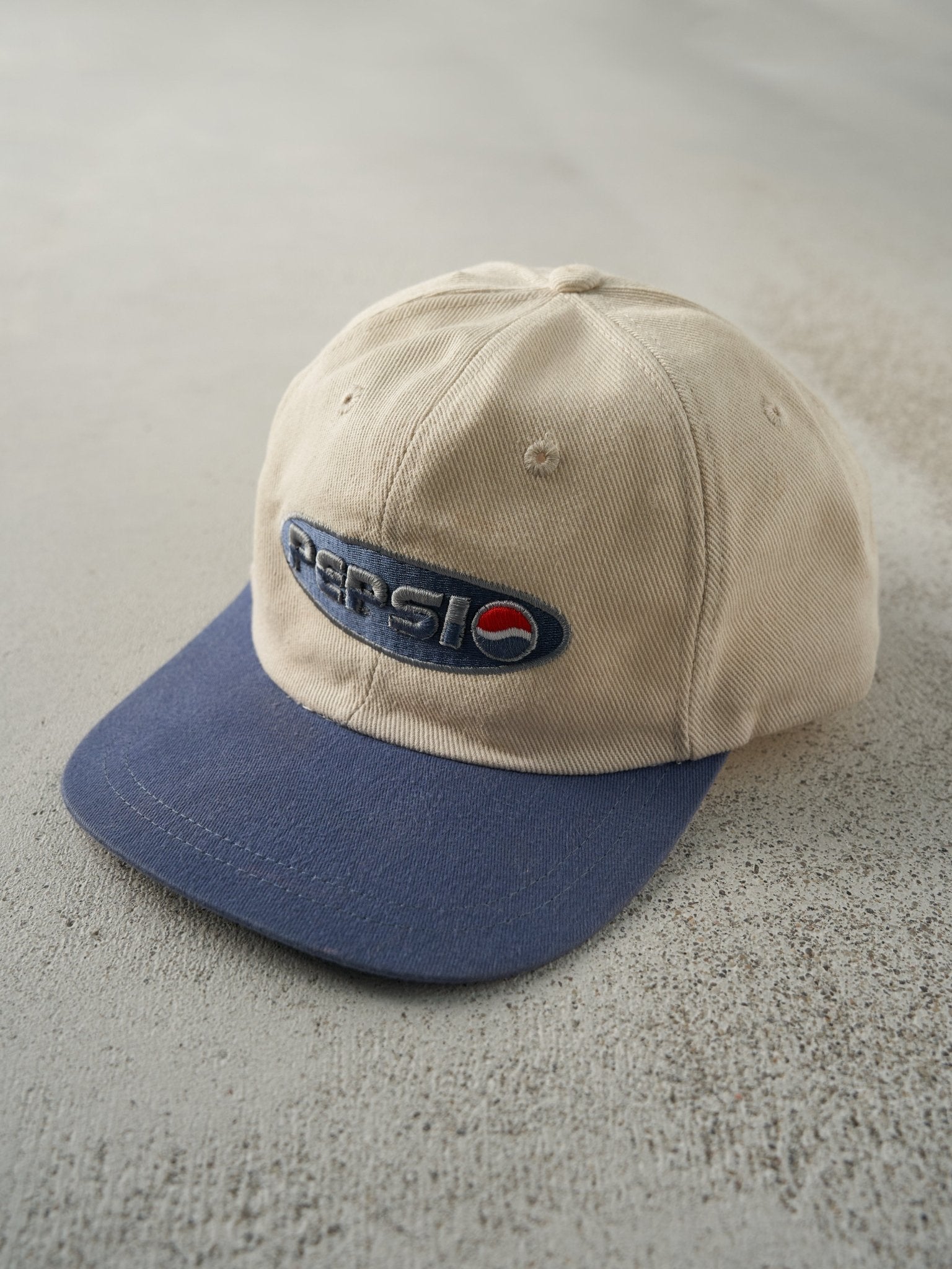 Vintage Y2K Beige & Blue Embroidered Pepsi Strapback Hat (7 5/8)