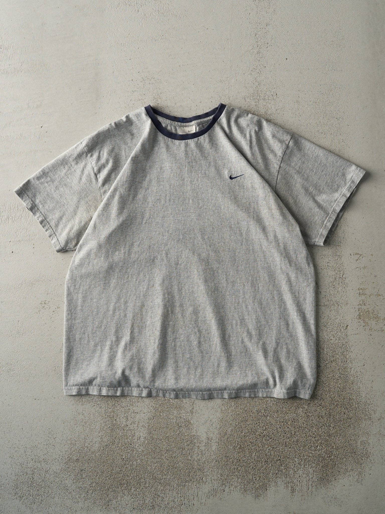 Vintage Y2K Grey & Navy Blue Embroidered Nike Swoosh Tee (L)