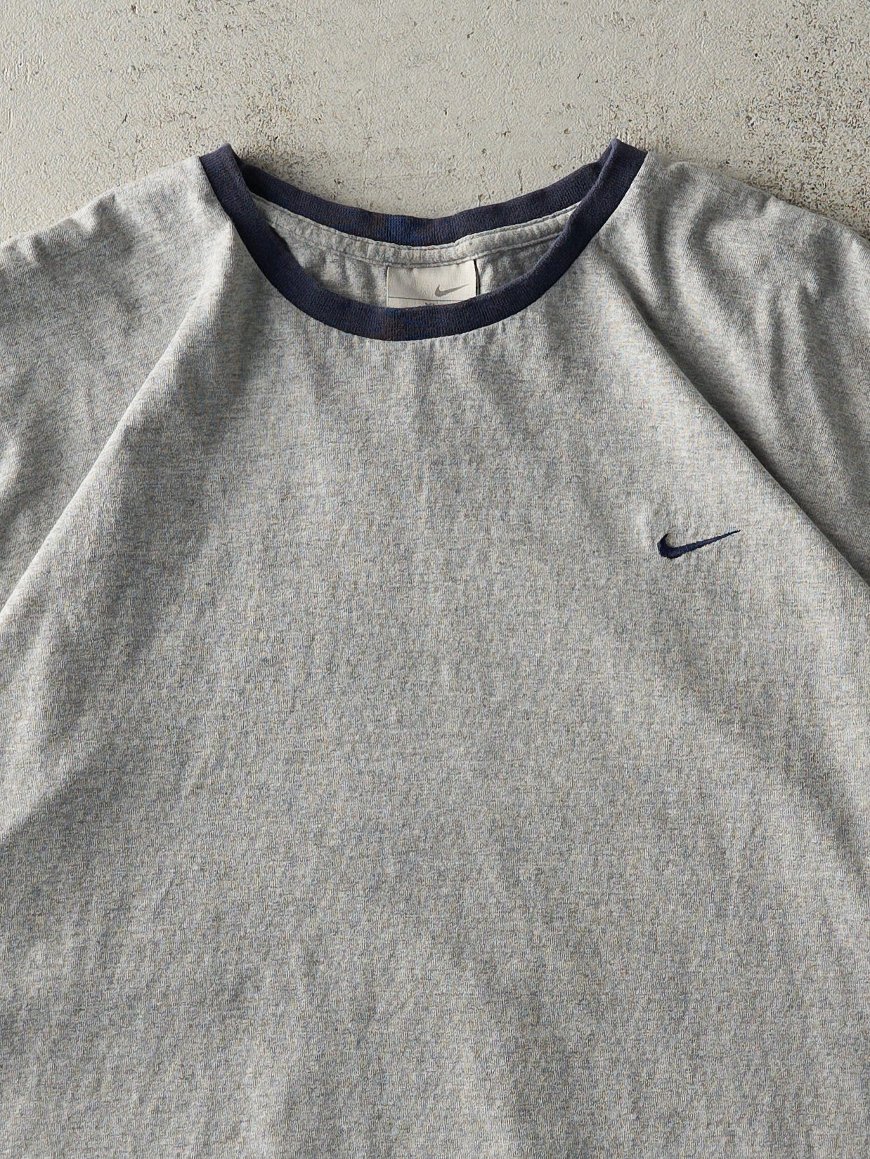 Vintage Y2K Grey & Navy Blue Embroidered Nike Swoosh Tee (L)