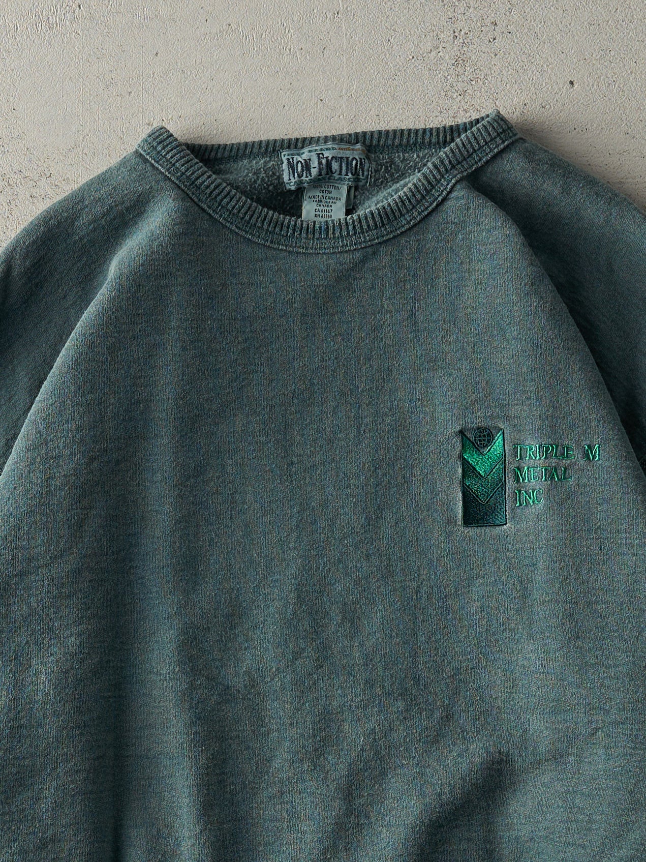 Vintage 90s Washed Green Embroidered Triple M Metal Crewneck (L/XL)