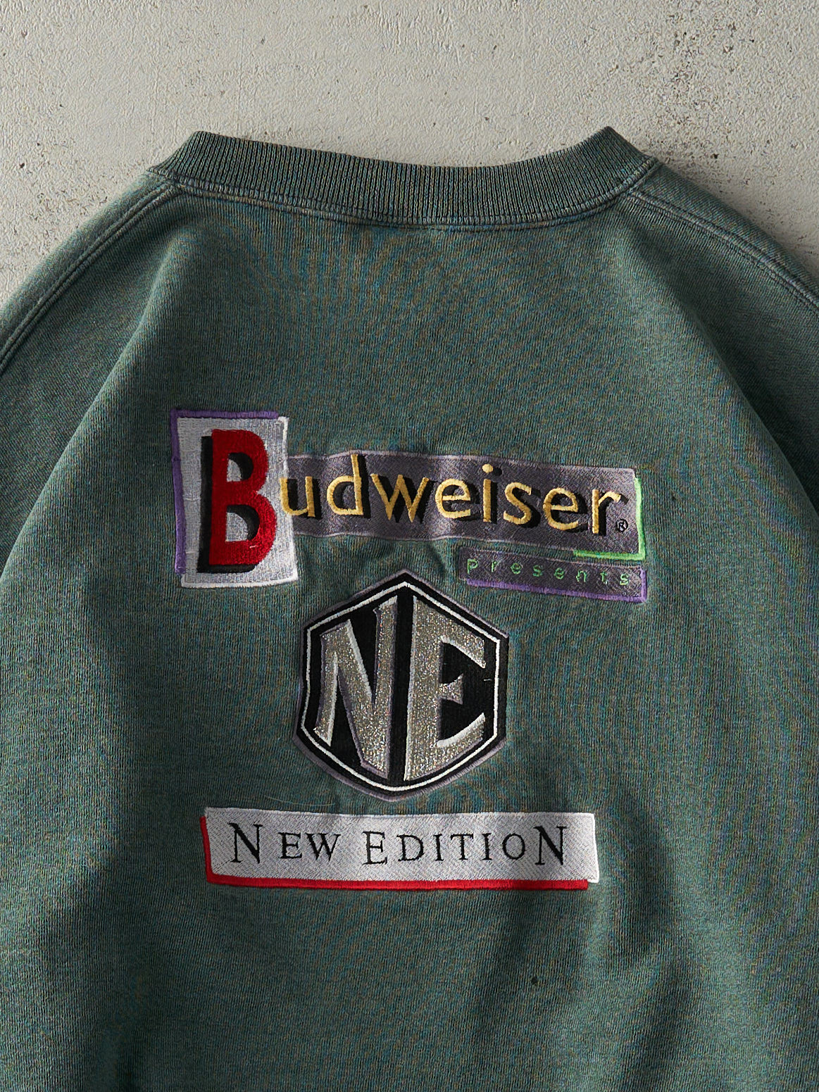 Vintage 80s Green Embroidered Budweiser x New Edition Crewneck (L)