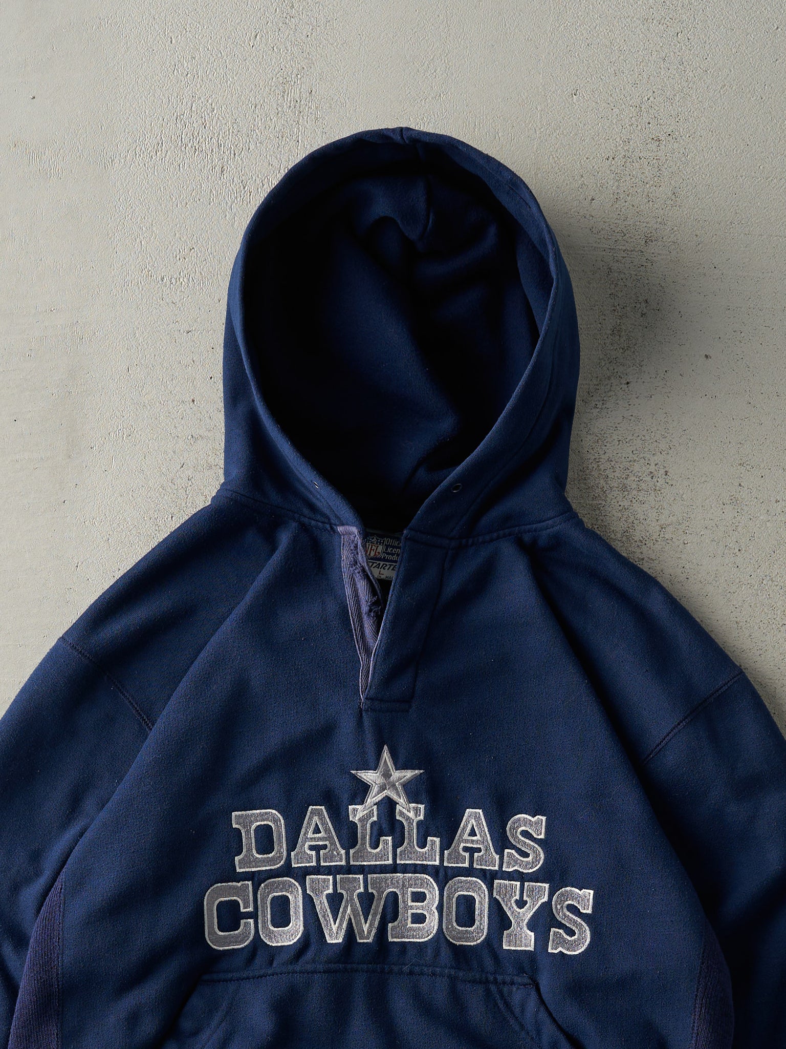 Vintage 90s Navy Blue Embroidered Dallas Cowboys Quarter Button Boxy Hoodie (L)