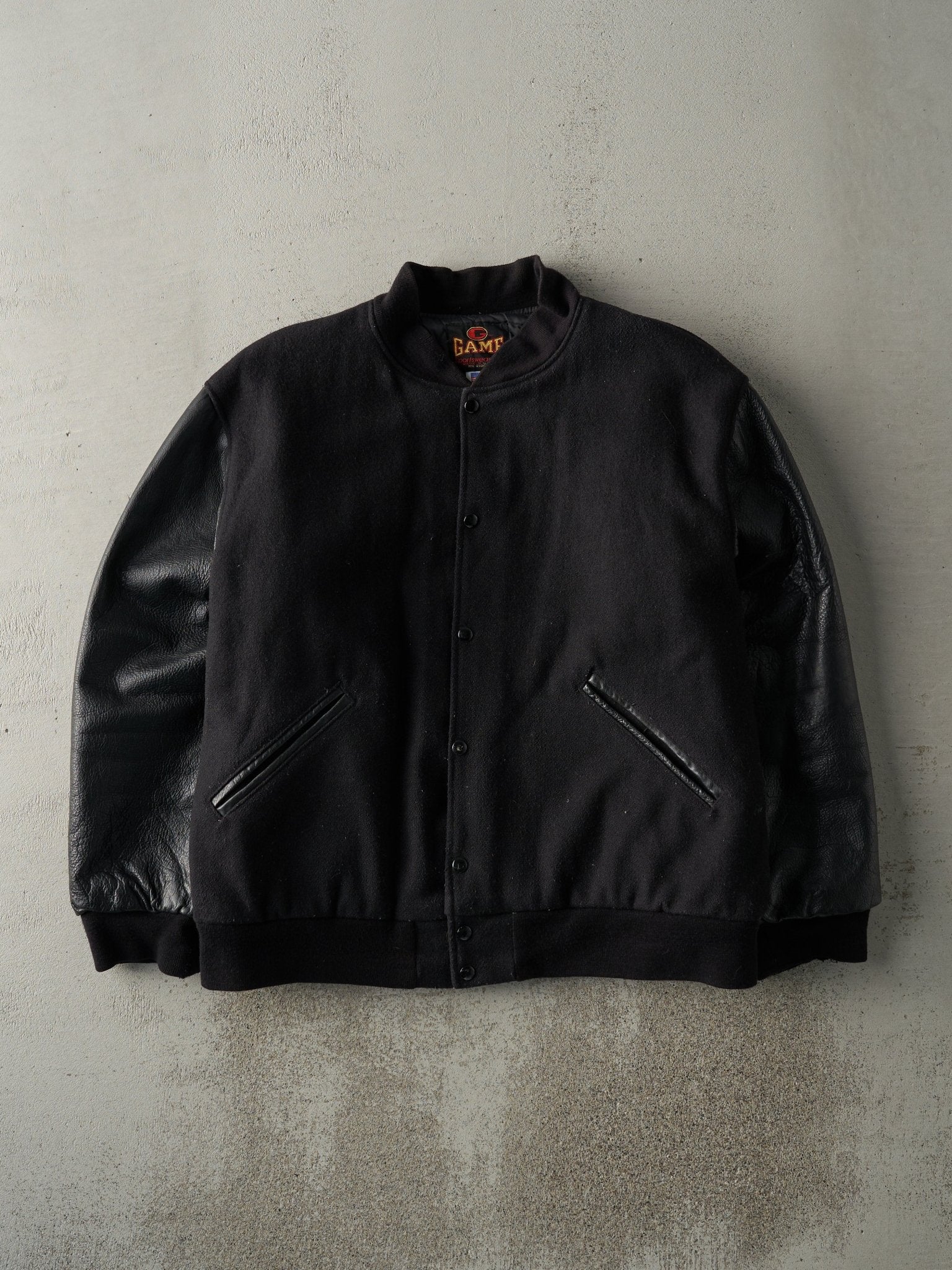 Vintage 90s Black Blank Wool & Leather Varsity Jacket (XL)