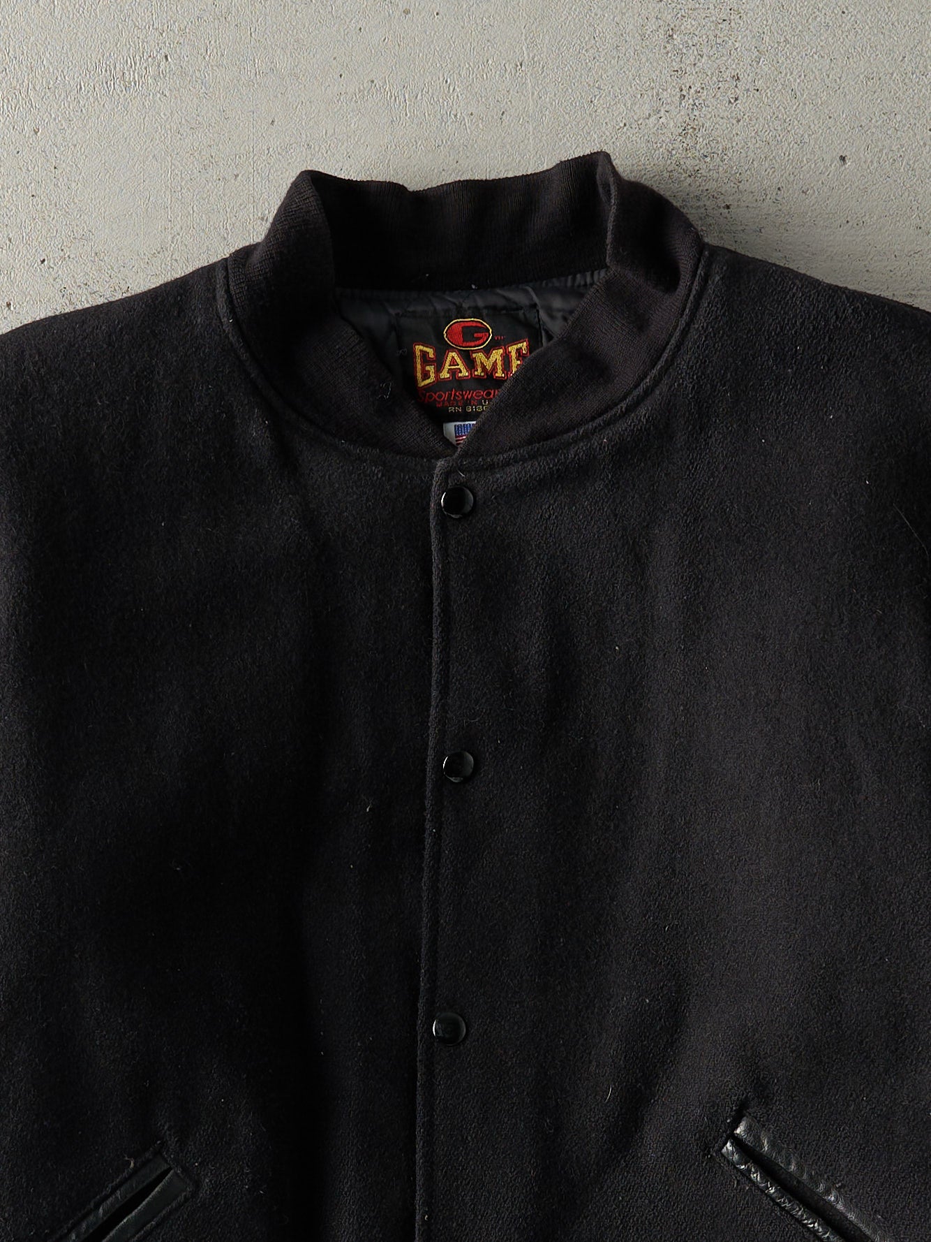 Vintage 90s Black Blank Wool & Leather Varsity Jacket (XL)