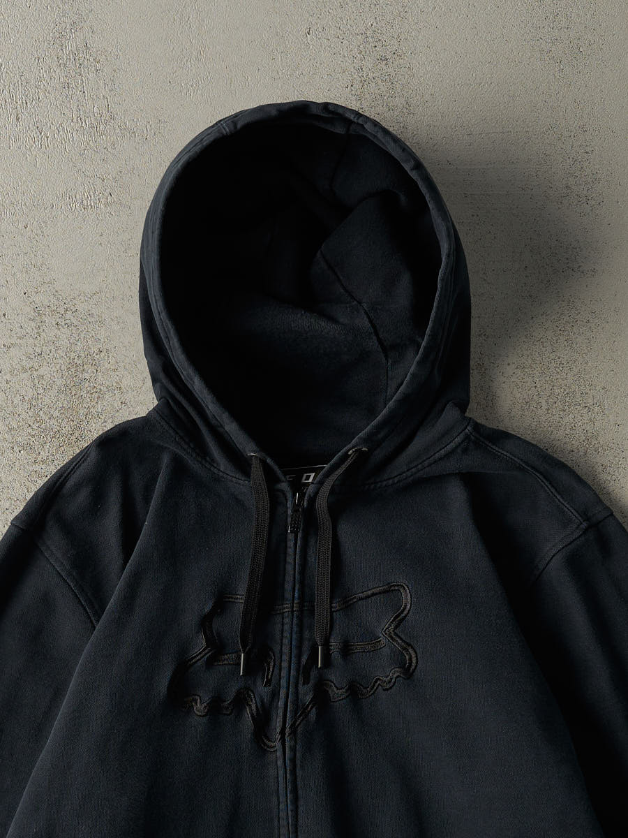 Vintage Y2K Faded Black Fox Racing Embroidered Zip Up Hoodie (XL