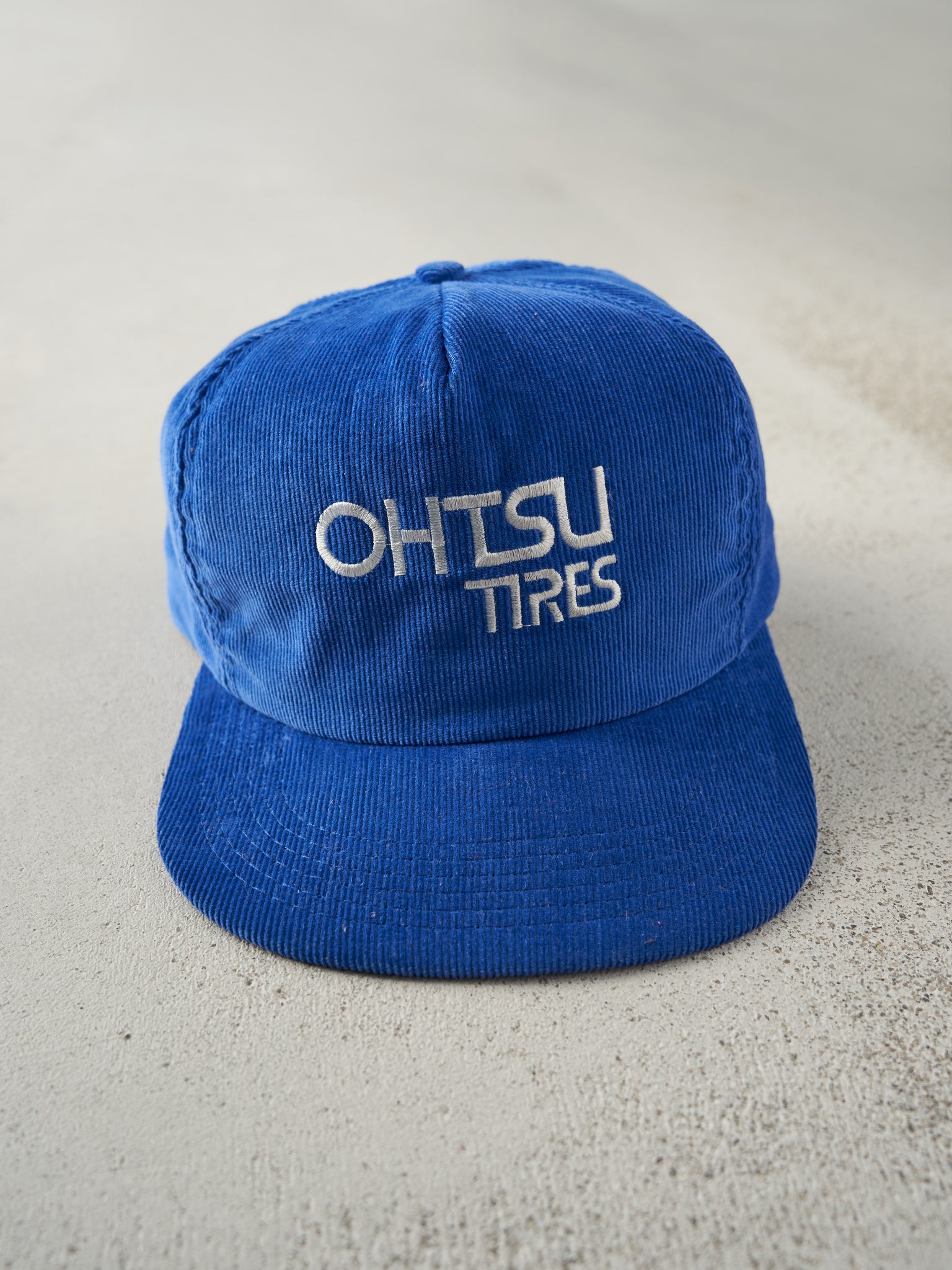 Vintage 80s Blue Embroidered OHTSU Tires Corduroy Snapback Hat