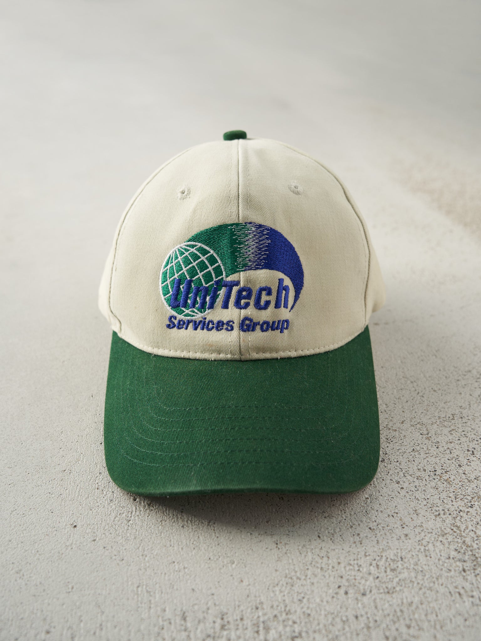 Vintage 90s Beige & Green Embroidered UniTech Services Group Velcro Back Hat