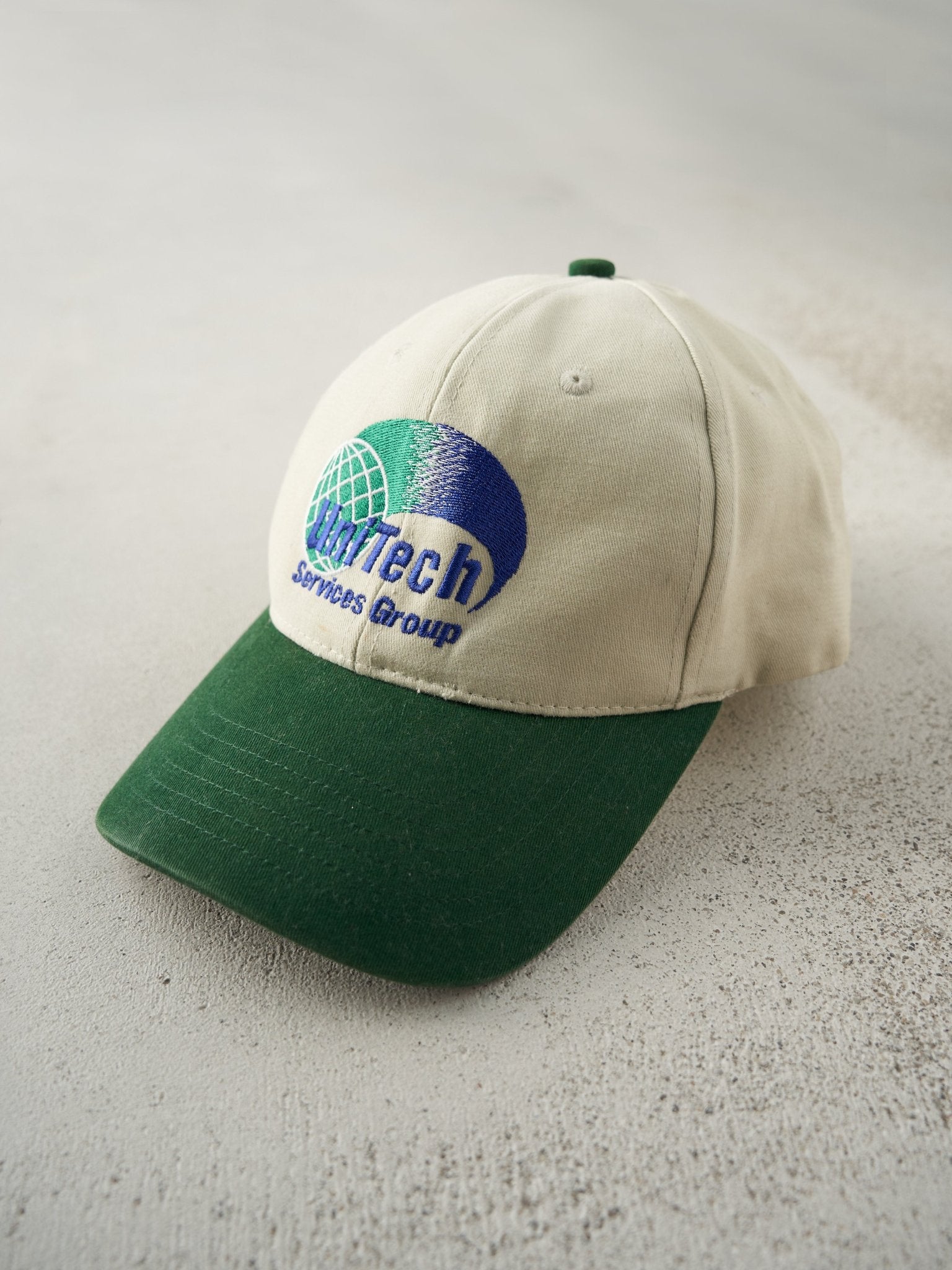 Vintage 90s Beige & Green Embroidered UniTech Services Group Velcro Hat