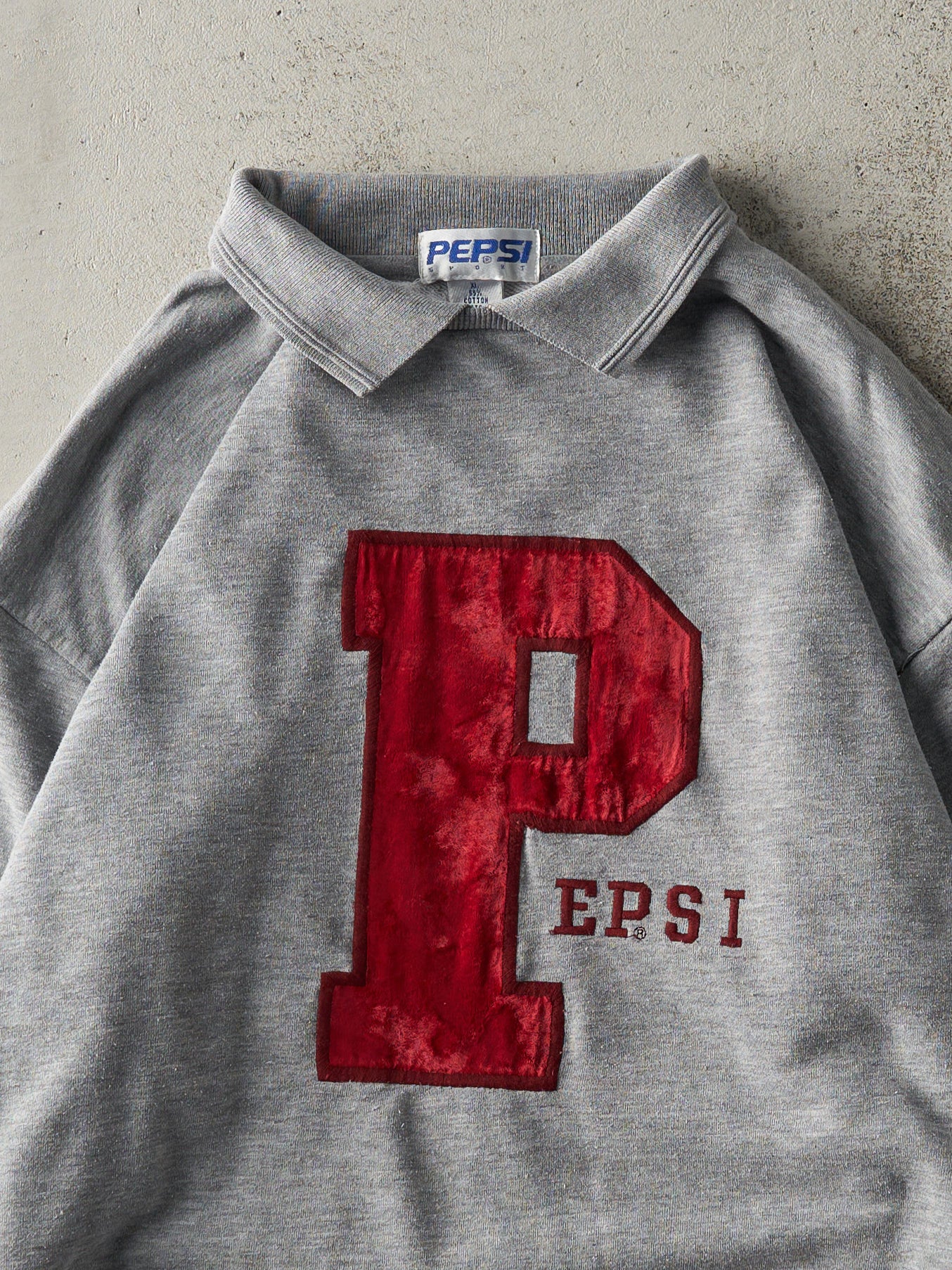 Vintage 90s Grey Pepsi Velvet and Embroidered Collared Sweatshirt (L)