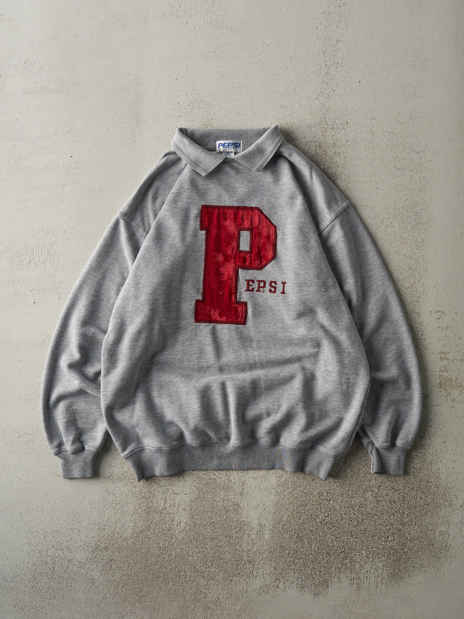 Vintage 90s Grey Pepsi Velvet and Embroidered Collared Sweatshirt (L)