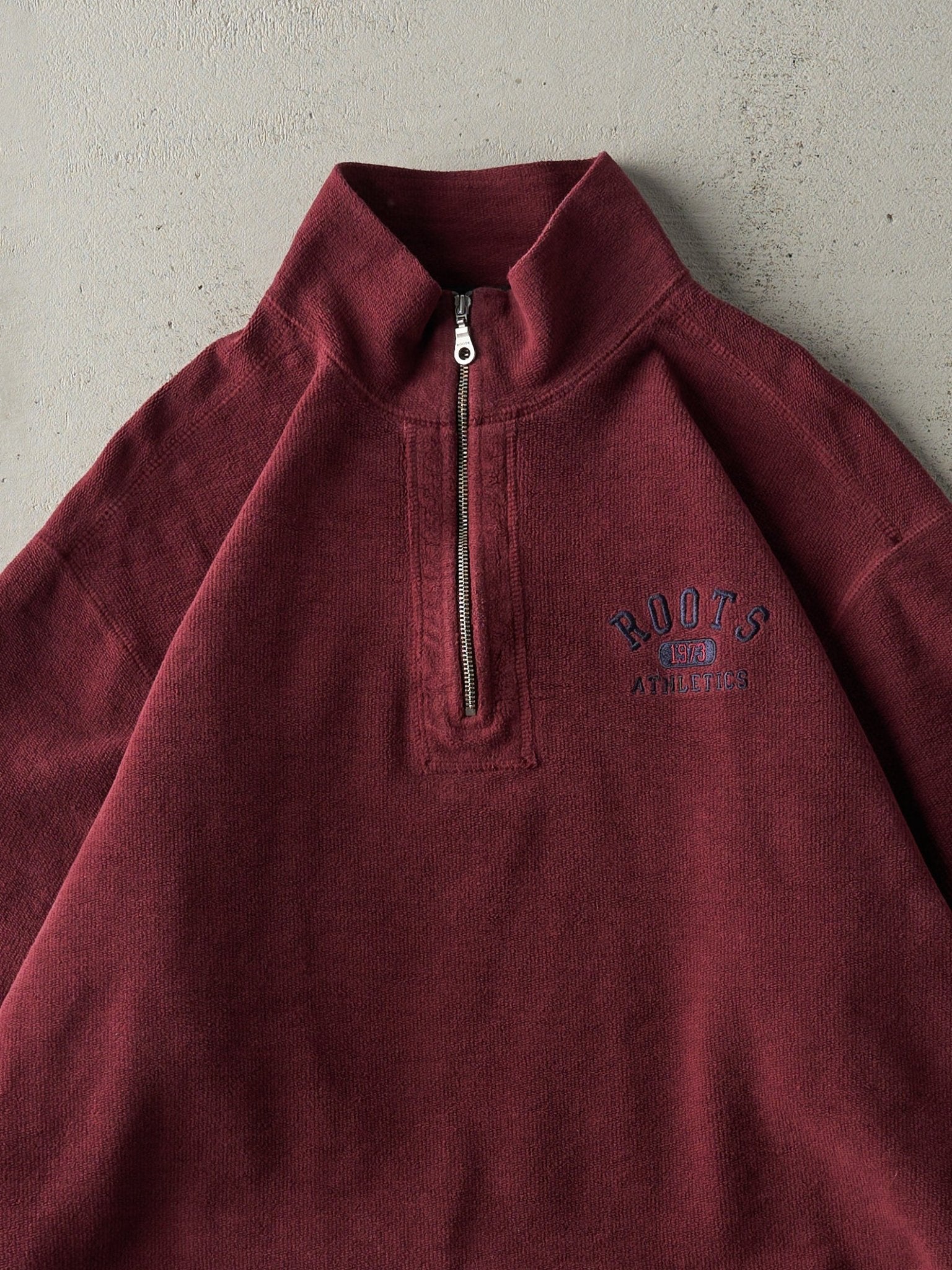 Vintage Y2K Burgundy Roots Athletics Embroidered Inside Out Quarter Zip Sweater (L)