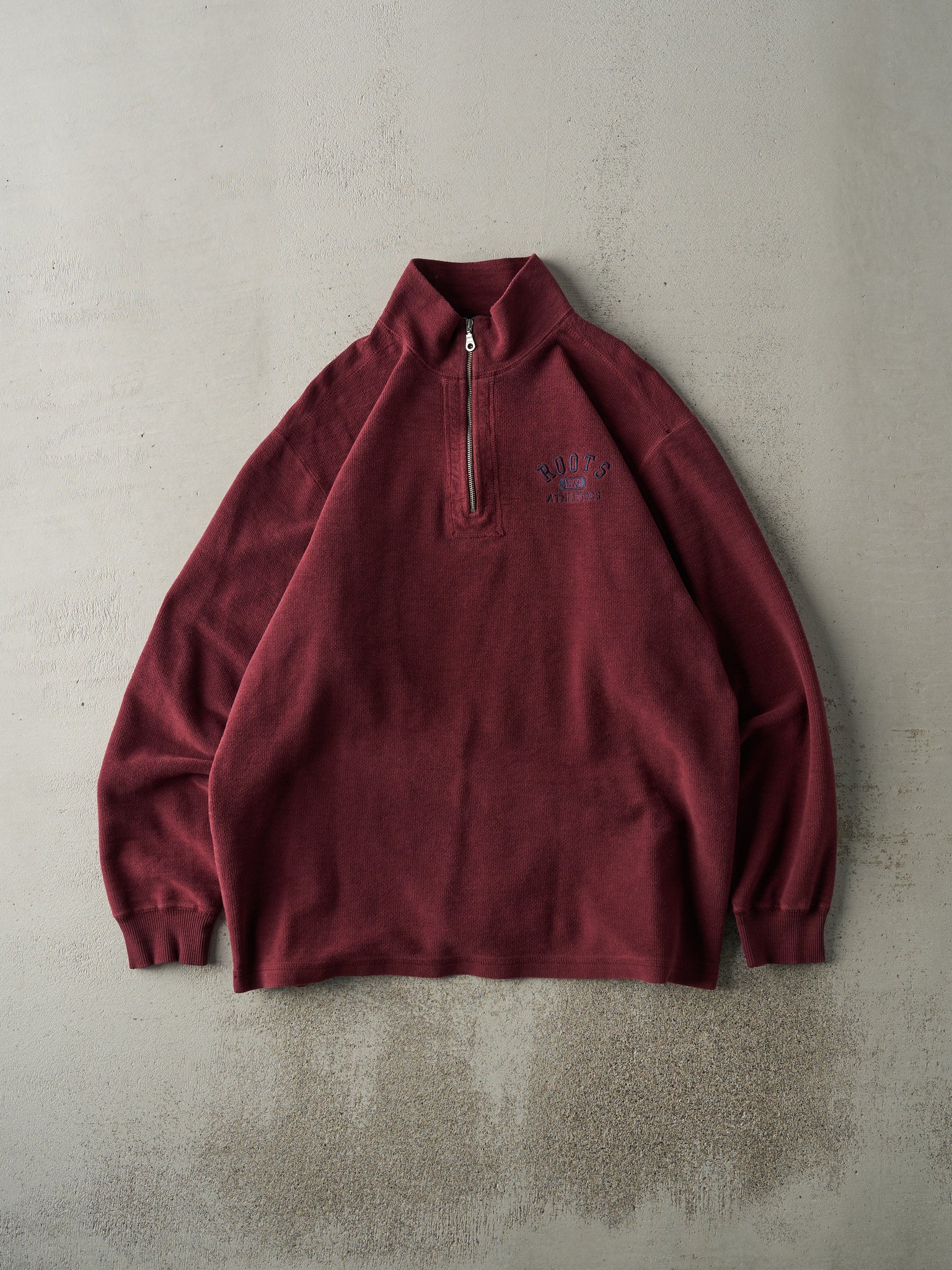 Vintage Y2K Burgundy Roots Athletics Embroidered Inside Out Quarter Zip Sweater (L)