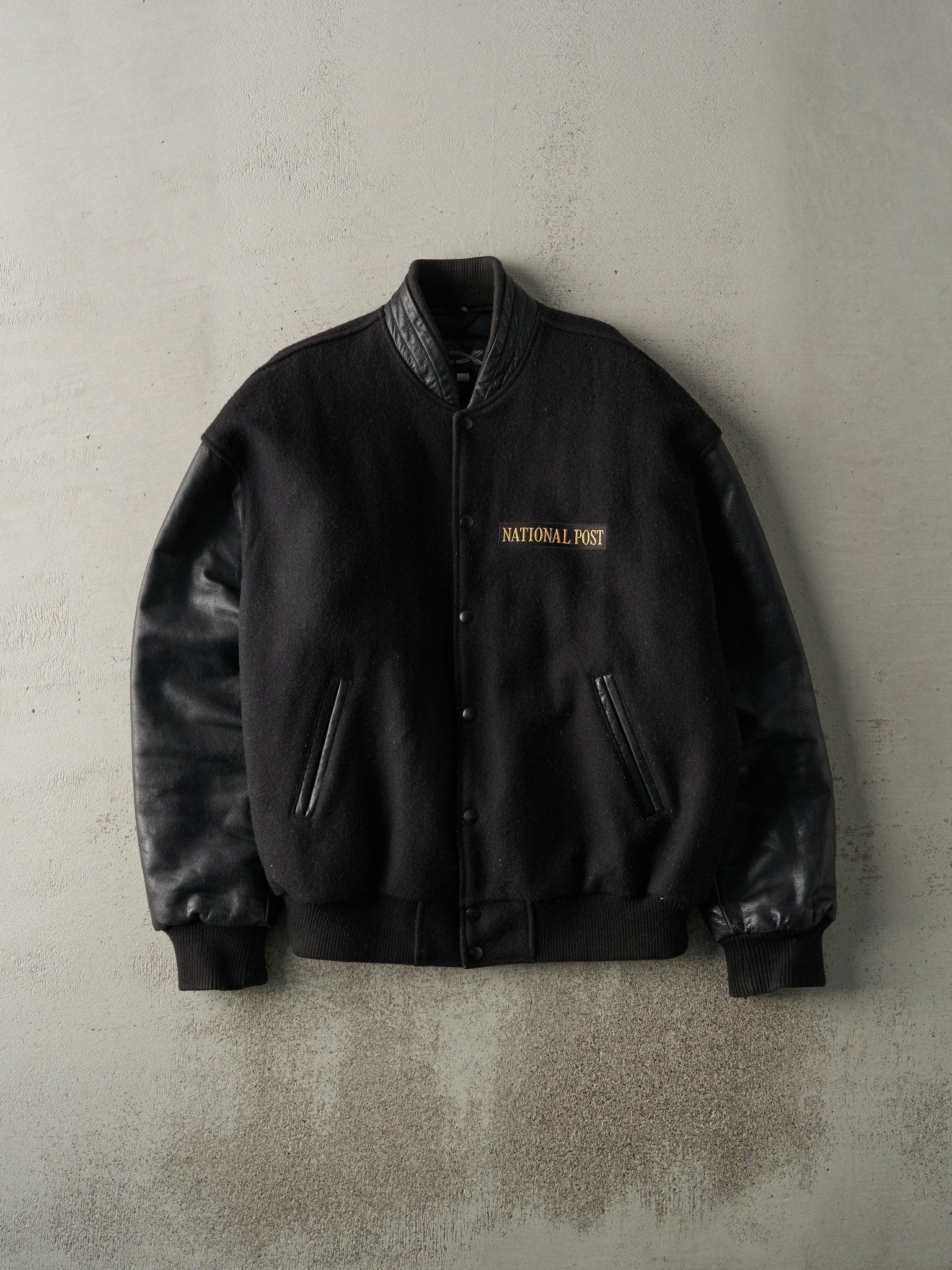 Vintage 90s Black National Post Wool Leather Varsity Jacket (L)