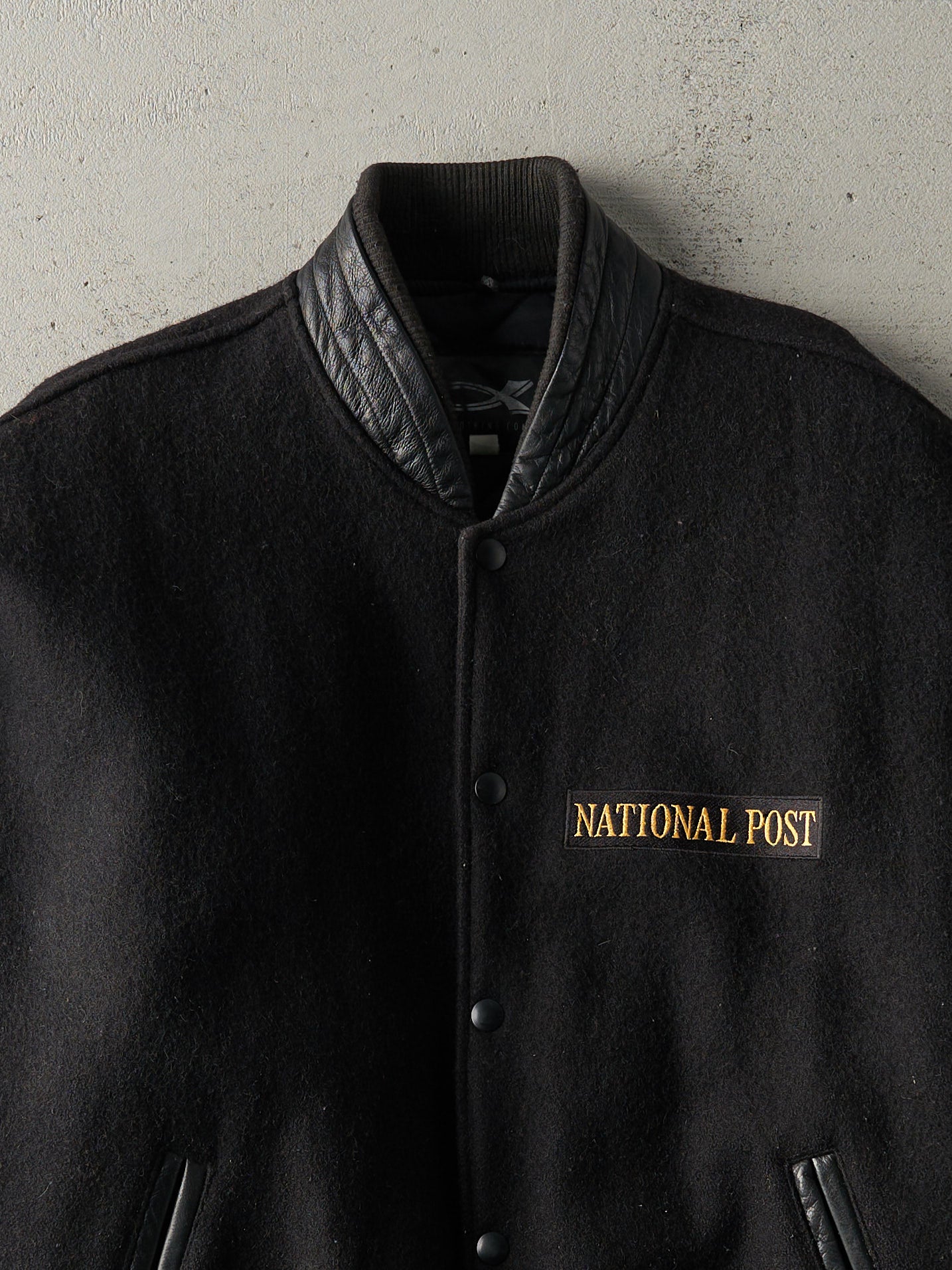 Vintage 90s Black National Post Wool Leather Varsity Jacket (L)