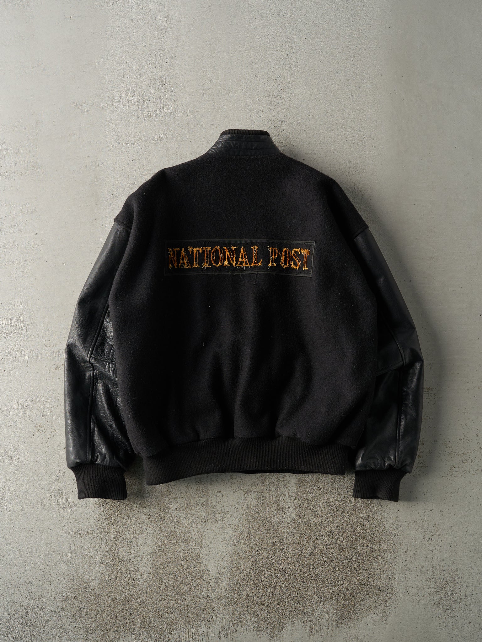Vintage 90s Black National Post Wool Leather Varsity Jacket (L)