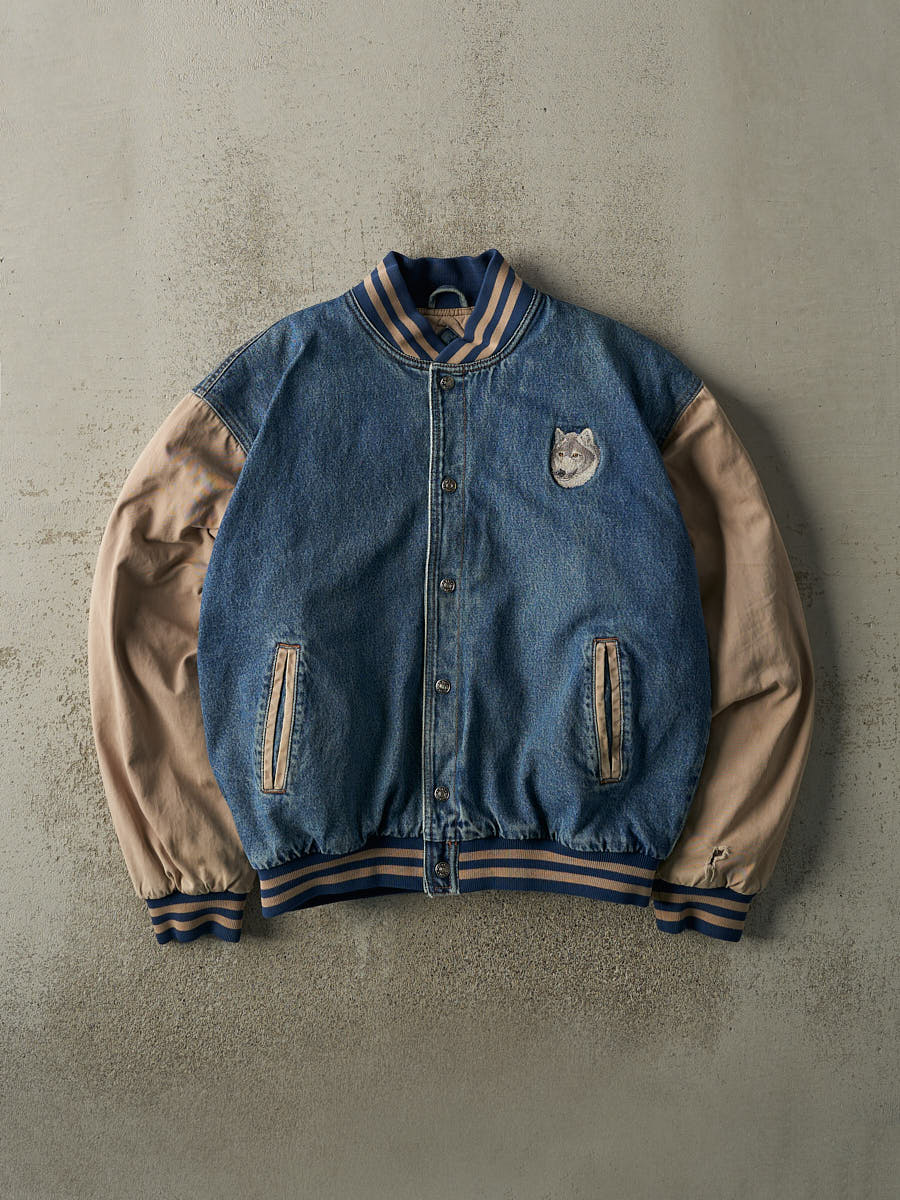 Vintage 90s Mid Wash Denim & Beige Wolf Embroidered Varsity Jacket (M/L)