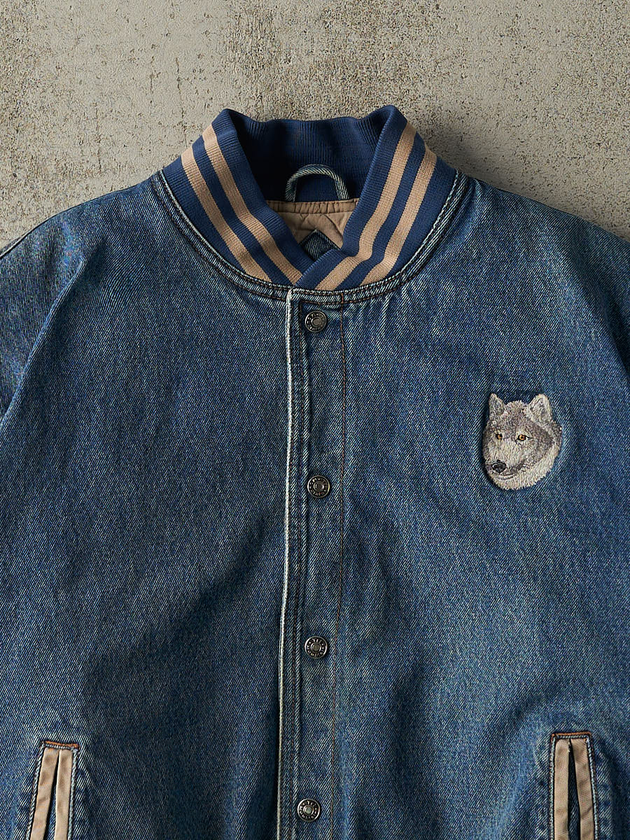 Vintage 90s Mid Wash Denim & Beige Wolf Embroidered Varsity Jacket