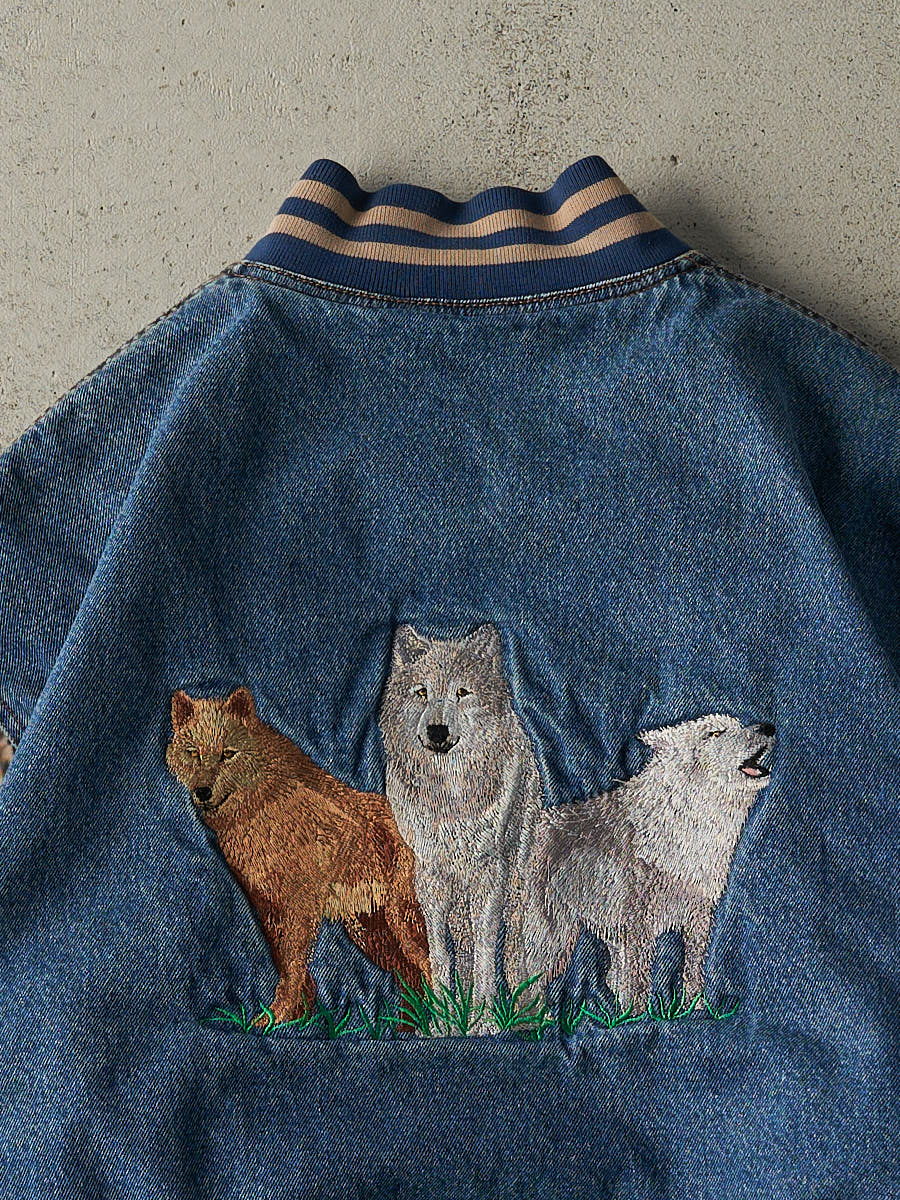 Vintage 90s Mid Wash Denim & Beige Wolf Embroidered Varsity Jacket (M/L)