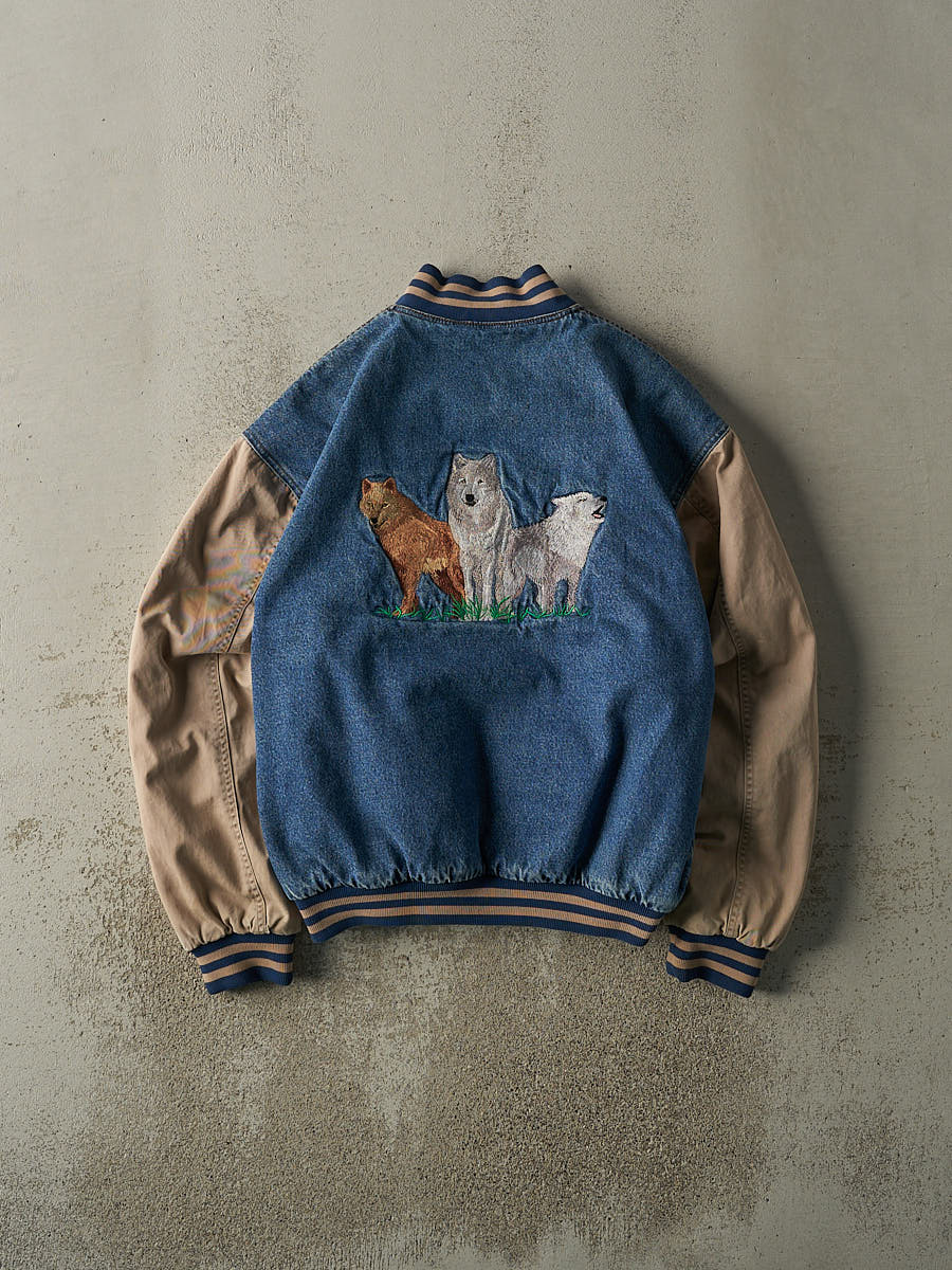 Vintage 90s Mid Wash Denim & Beige Wolf Embroidered Varsity Jacket
