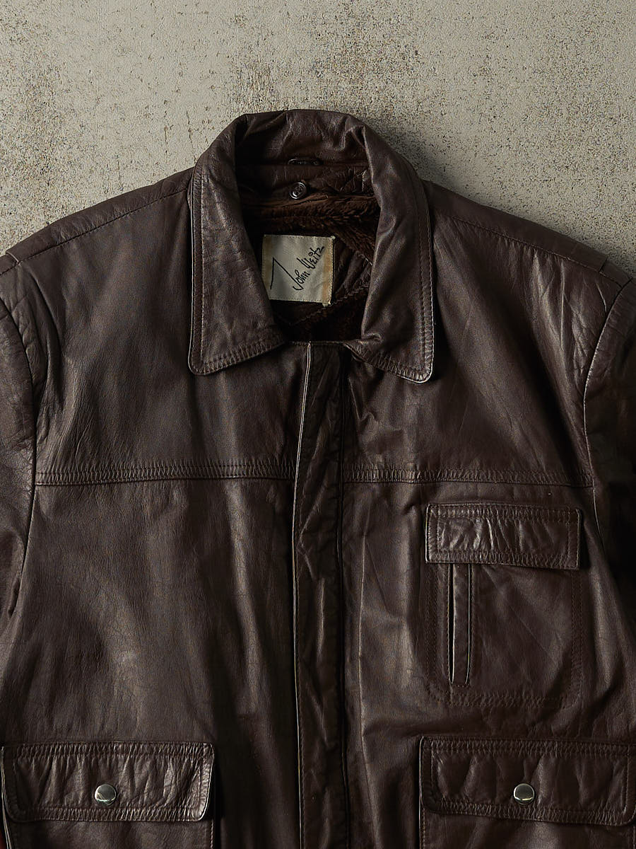 Vintage 90s Brown Fur Lined Leather Jacket (L)