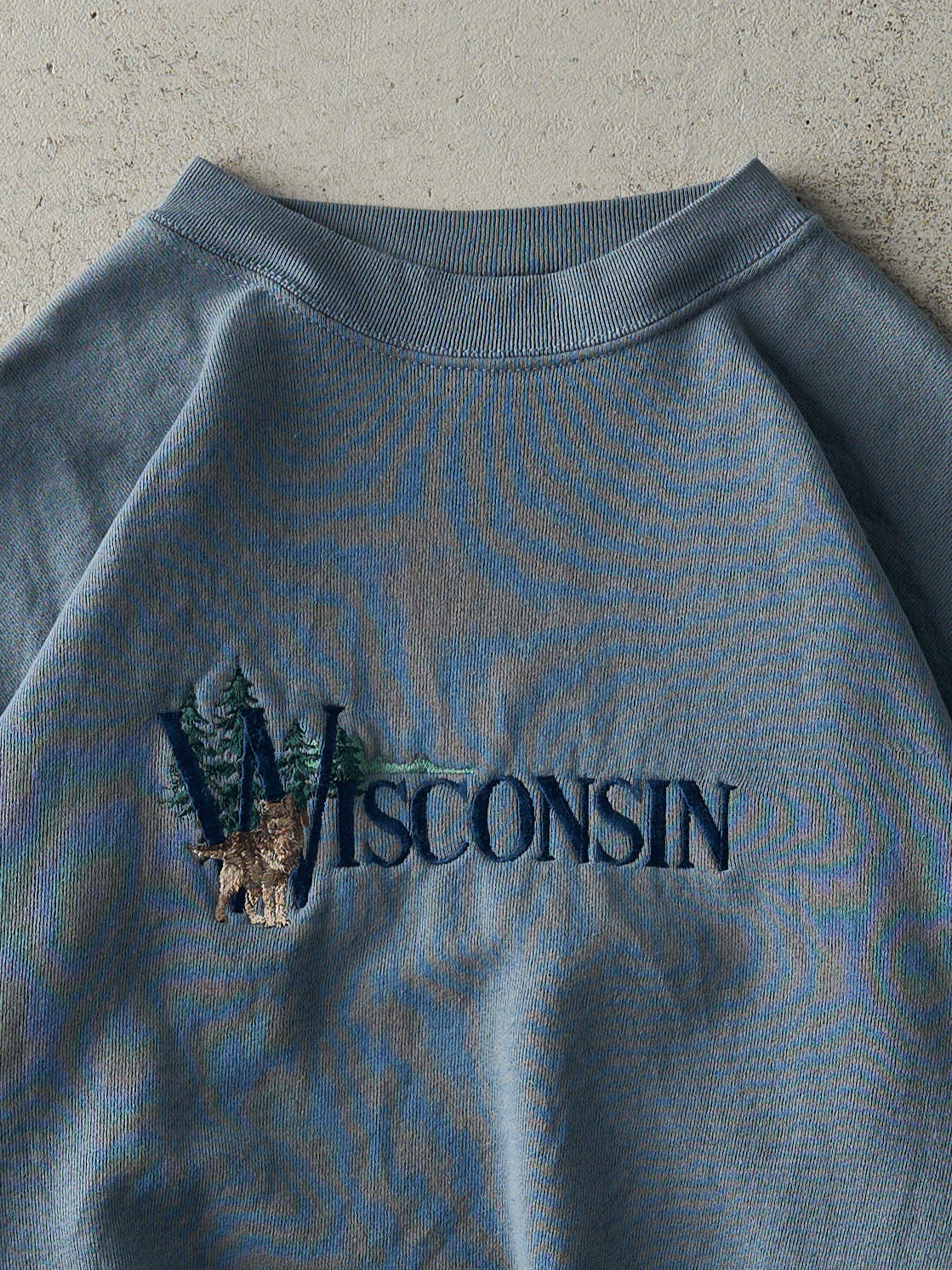 Vintage 90s Slate Blue Embroidered Wisconsin Boxy Crewneck (M)