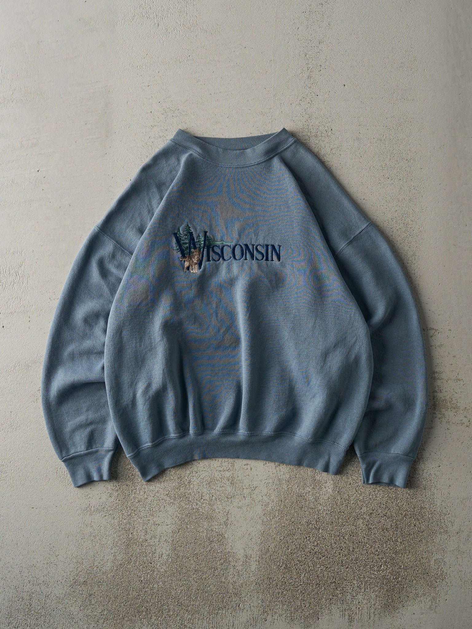 Vintage 90s Slate Blue Embroidered Wisconsin Boxy Crewneck (M)