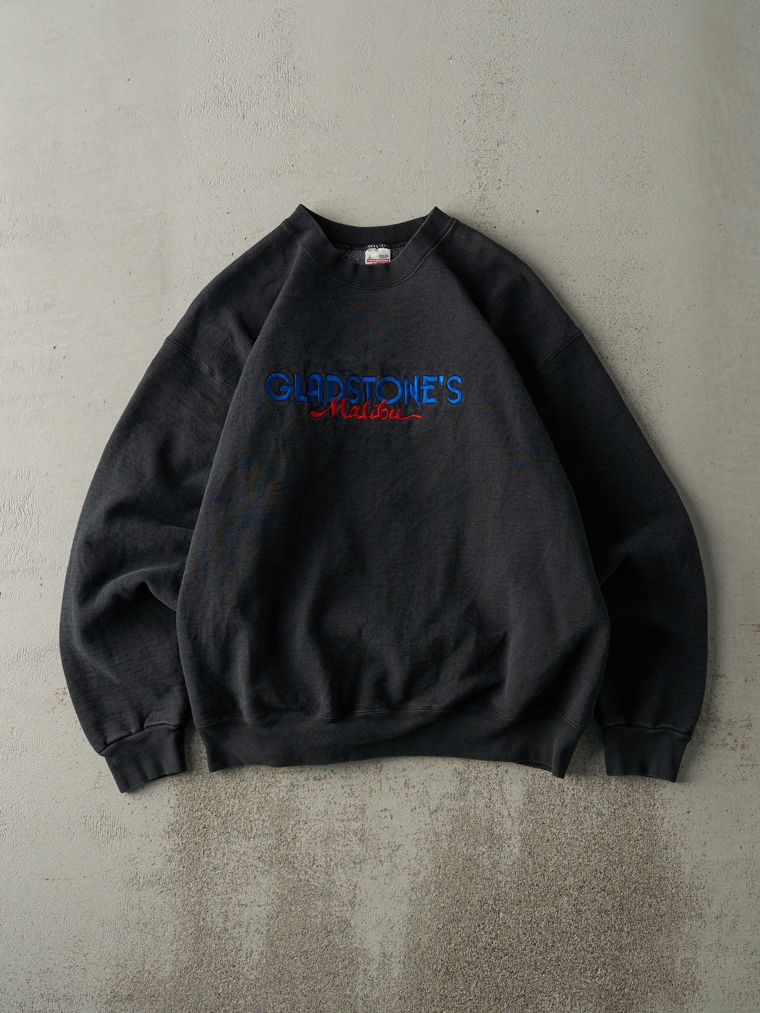 Vintage 90s Washed Black Embroidered Gladstone's Malibu Crewneck (M)