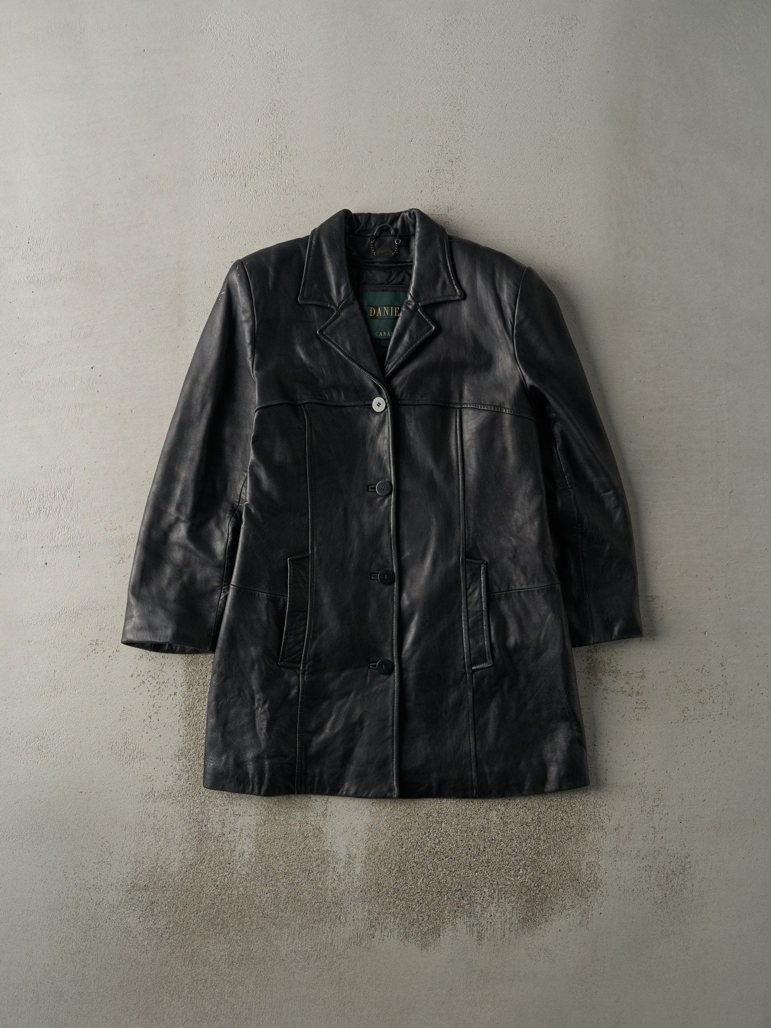 Vintage 90s Black Danier Leather Trench Coat Jacket (S/M)