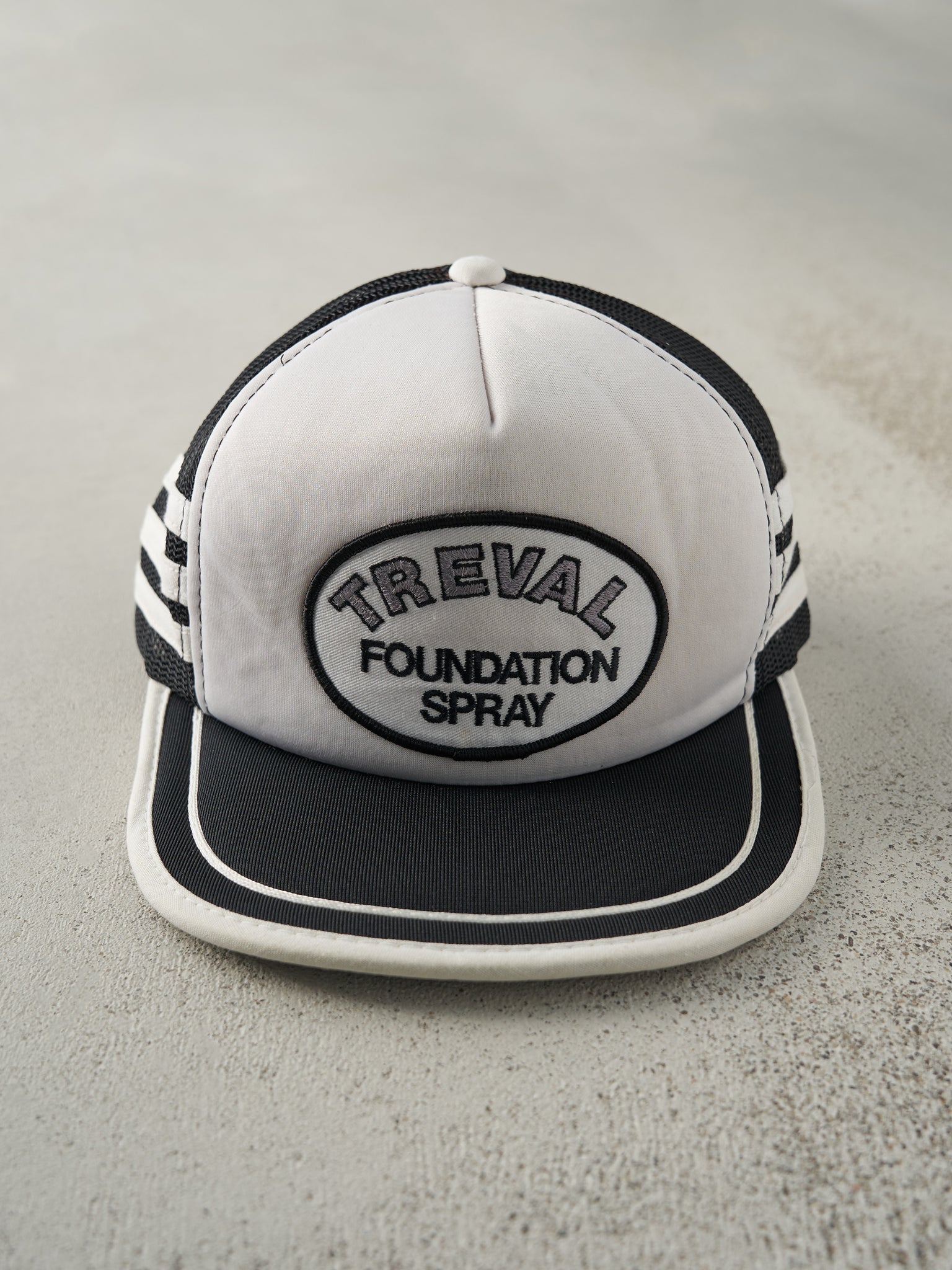 Vintage 80s Black & White Treval Foundation Spray Foam Trucker Hat