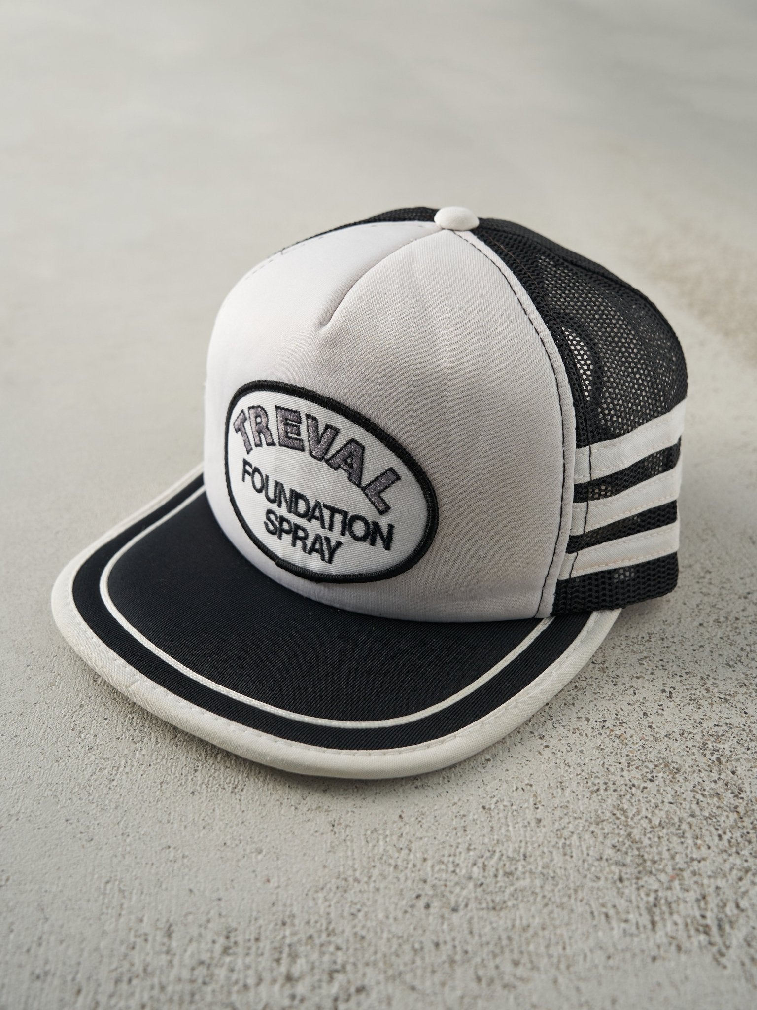 Vintage 80s Black & White Treval Foundation Spray Foam Trucker Hat