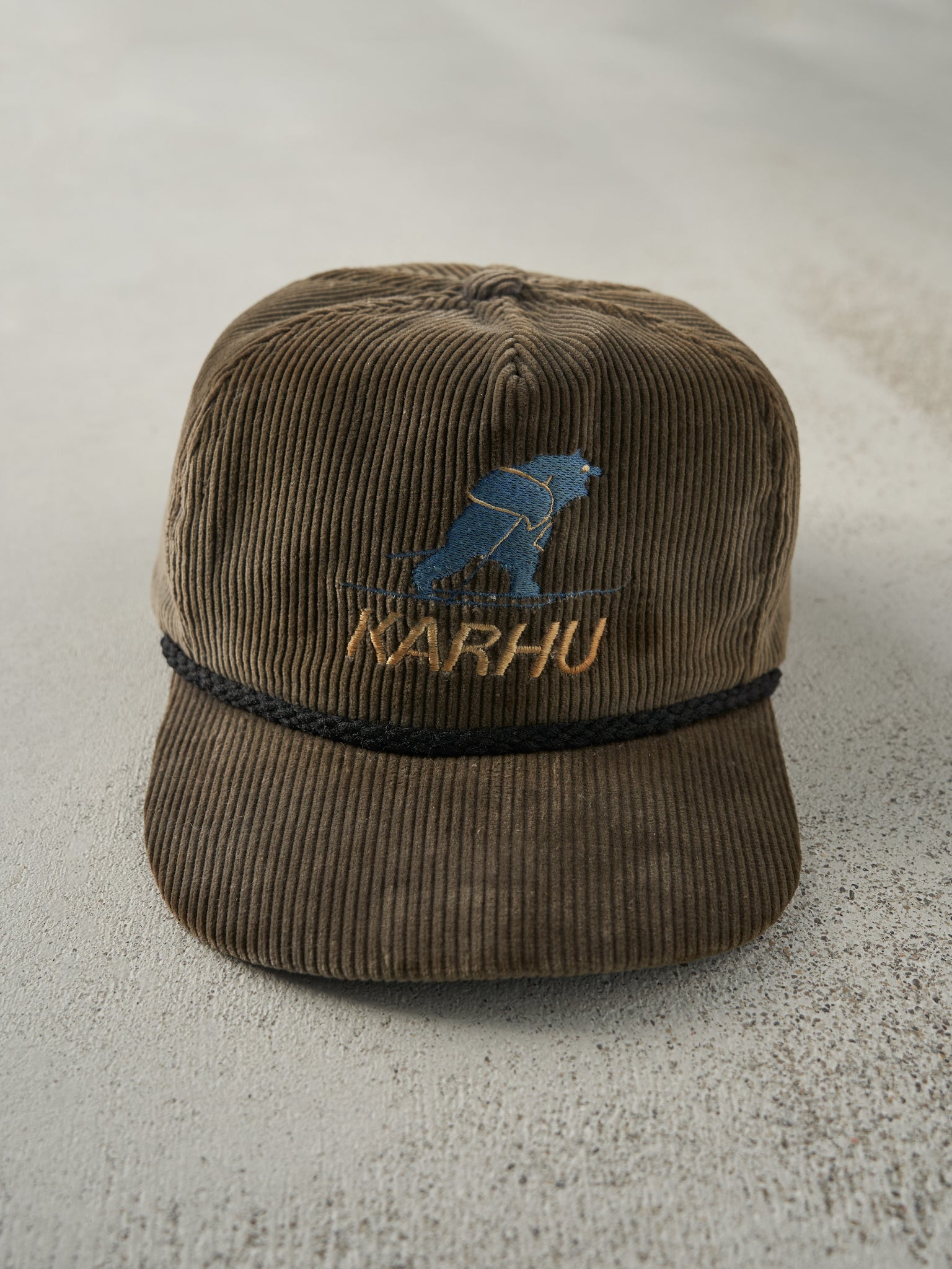 Vintage 80s Brown Embroidered Karhu Corduroy Leather Strap Back Hat