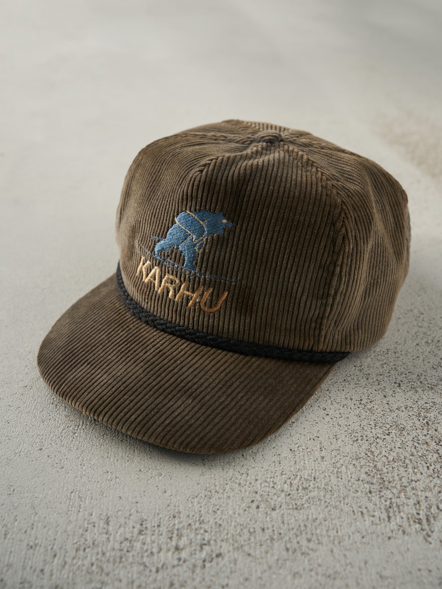 Vintage 80s Brown Embroidered Karhu Corduroy Leather Strap Back Hat