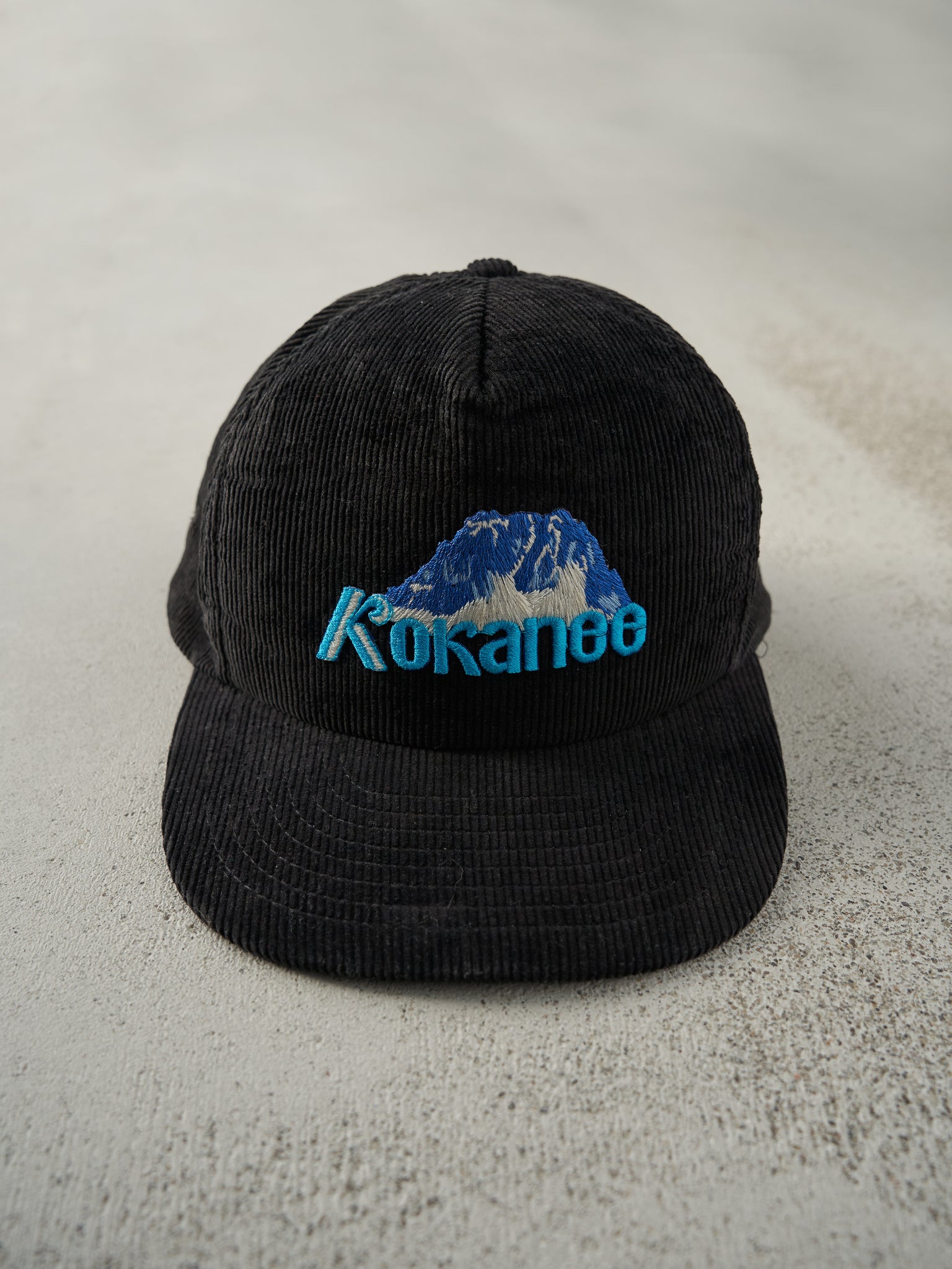 Vintage 80s Black Embroidered Kokanee Foam Corduroy Snapback Hat