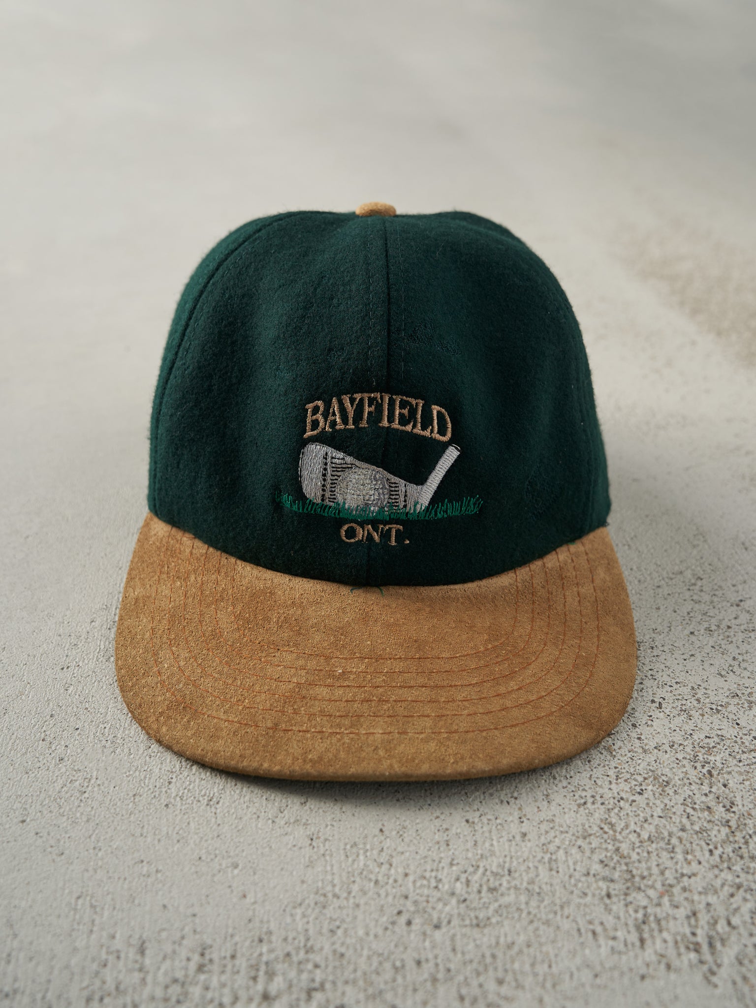 Vintage 90s Green & Brown Golf Wool Leather Strap Back Hat