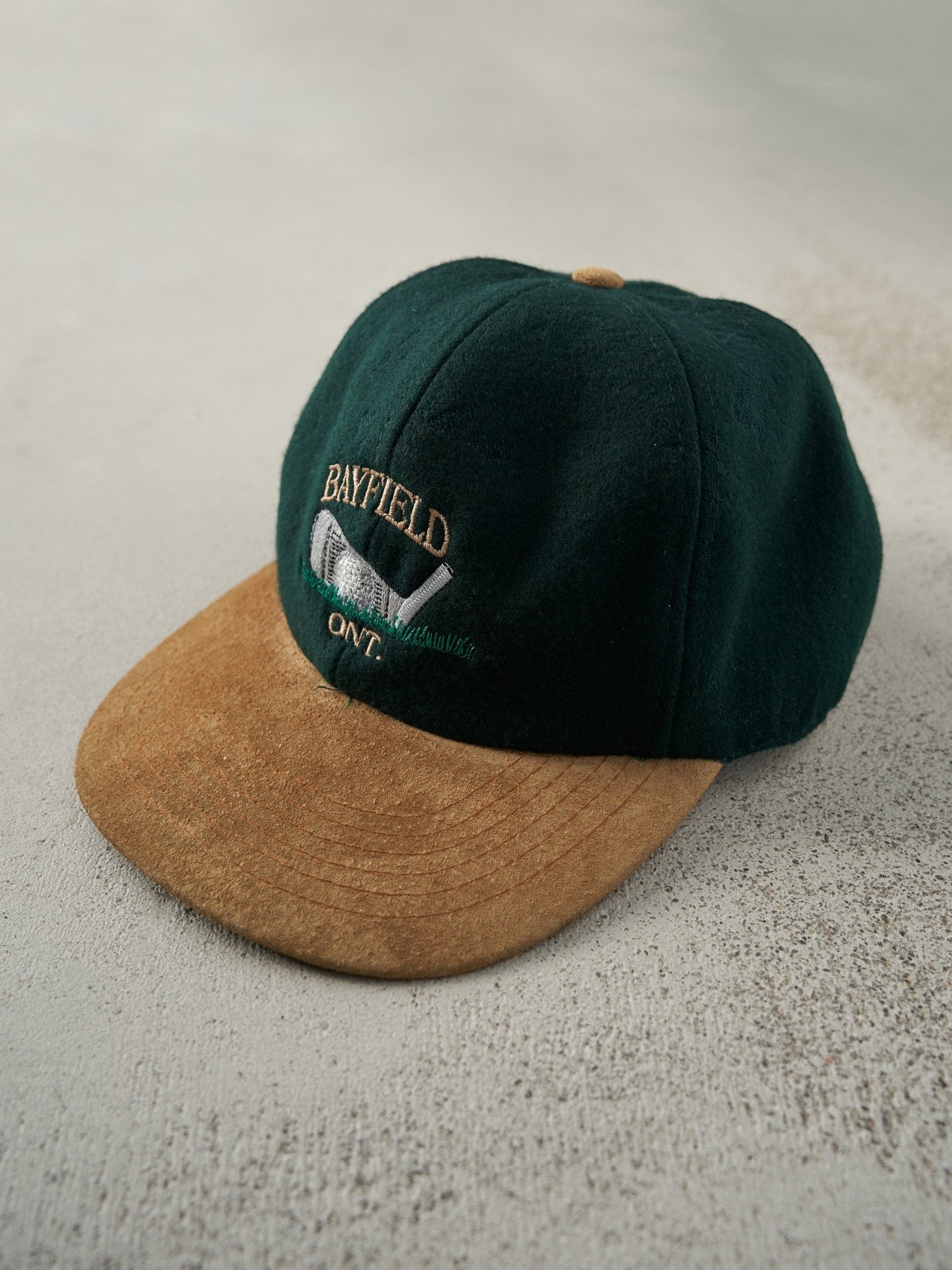 Vintage 90s Green & Brown Golf Wool Leather Strapback Hat