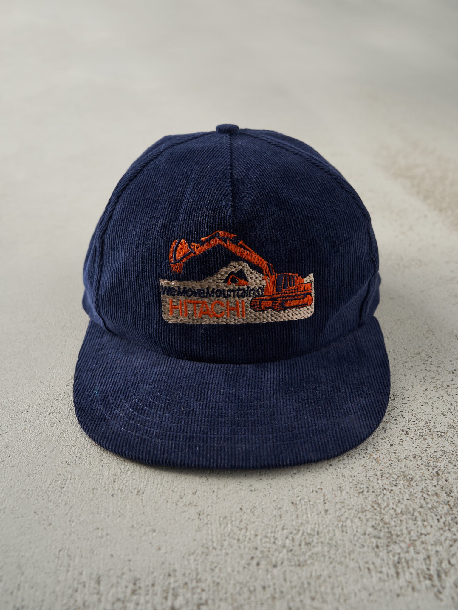 Vintage 90s Navy Blue Hitachi Embroidered Corduroy Snapback Hat