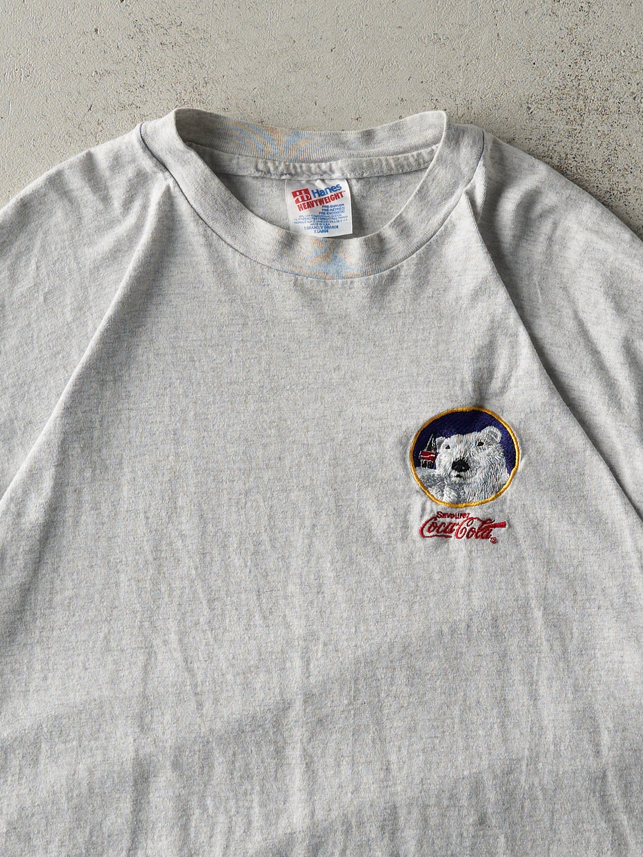 Vintage 90s Heather Grey Embroidered Coca Cola Single Stitch Tee (M/L)