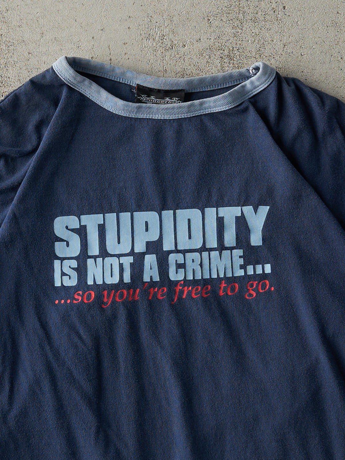 Vintage Y2K Navy Blue "Stupidity is Not A Crime.." Slogan Ringer Tee (S/M)