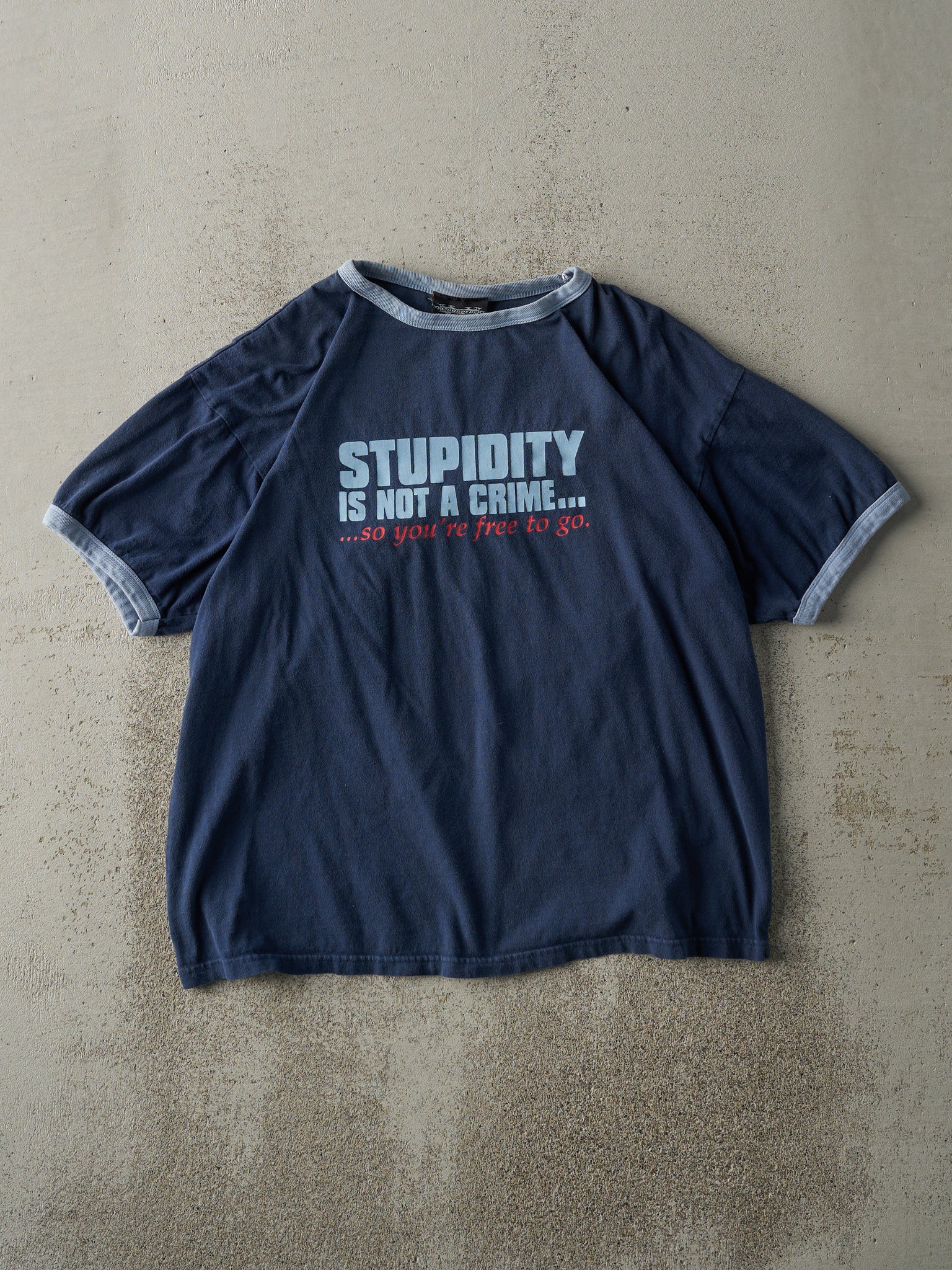 Vintage Y2K Navy Blue "Stupidity is Not A Crime.." Slogan Ringer Tee (S/M)