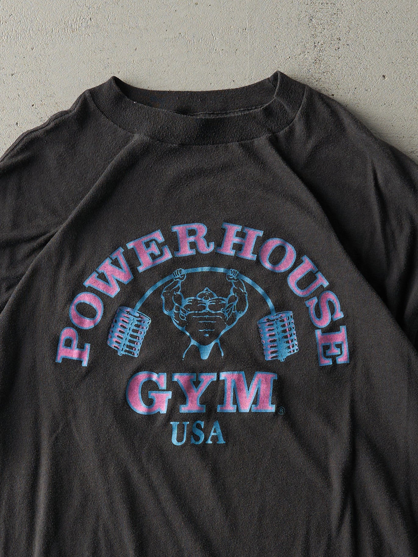 Vintage 80s Black Powerhouse Gym Single Stitch Tee (L/XL)