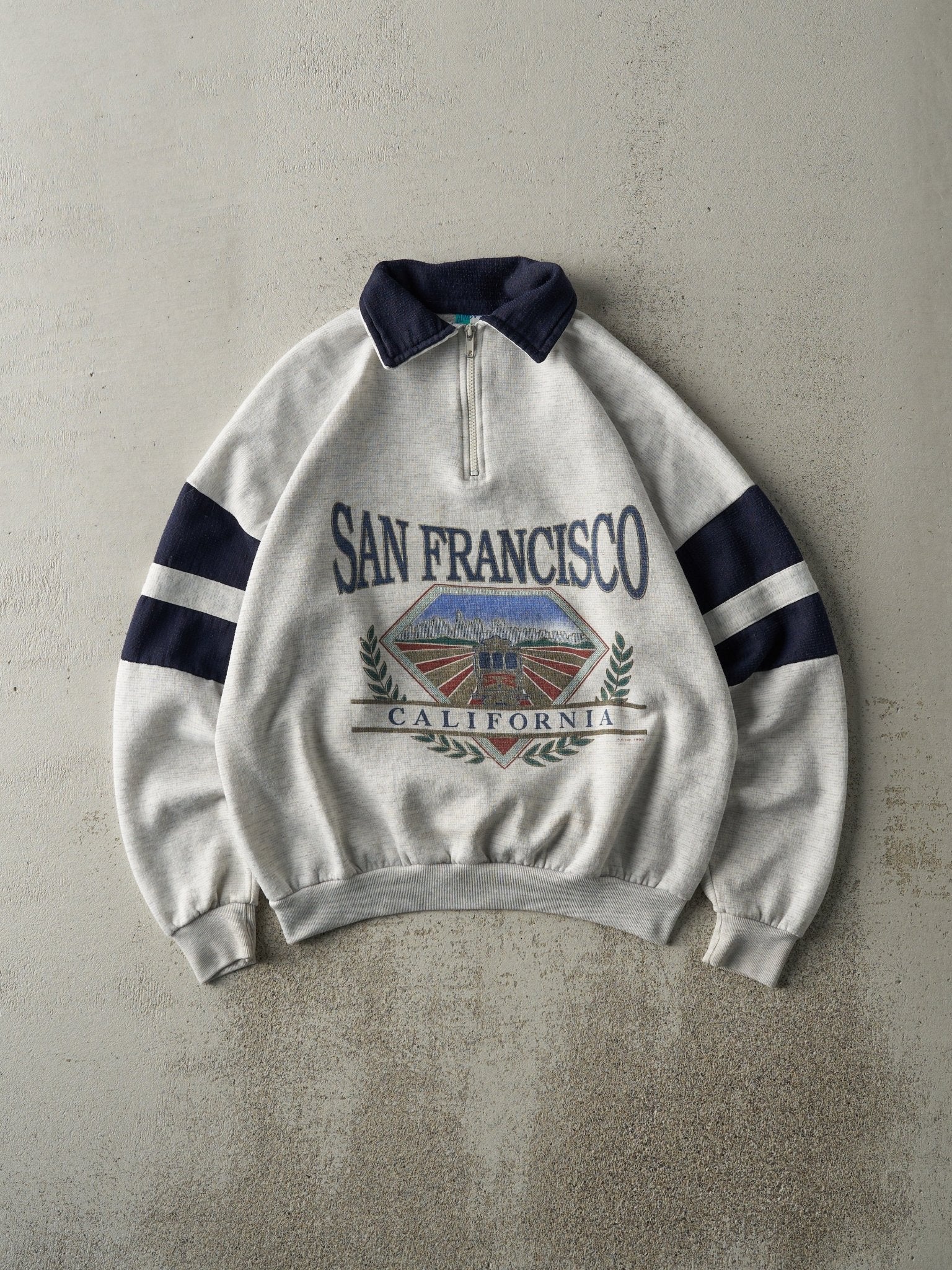 Vintage 95' Heather Grey & Navy San Francisco Boxy Quarter Zip Sweatshirt (M)