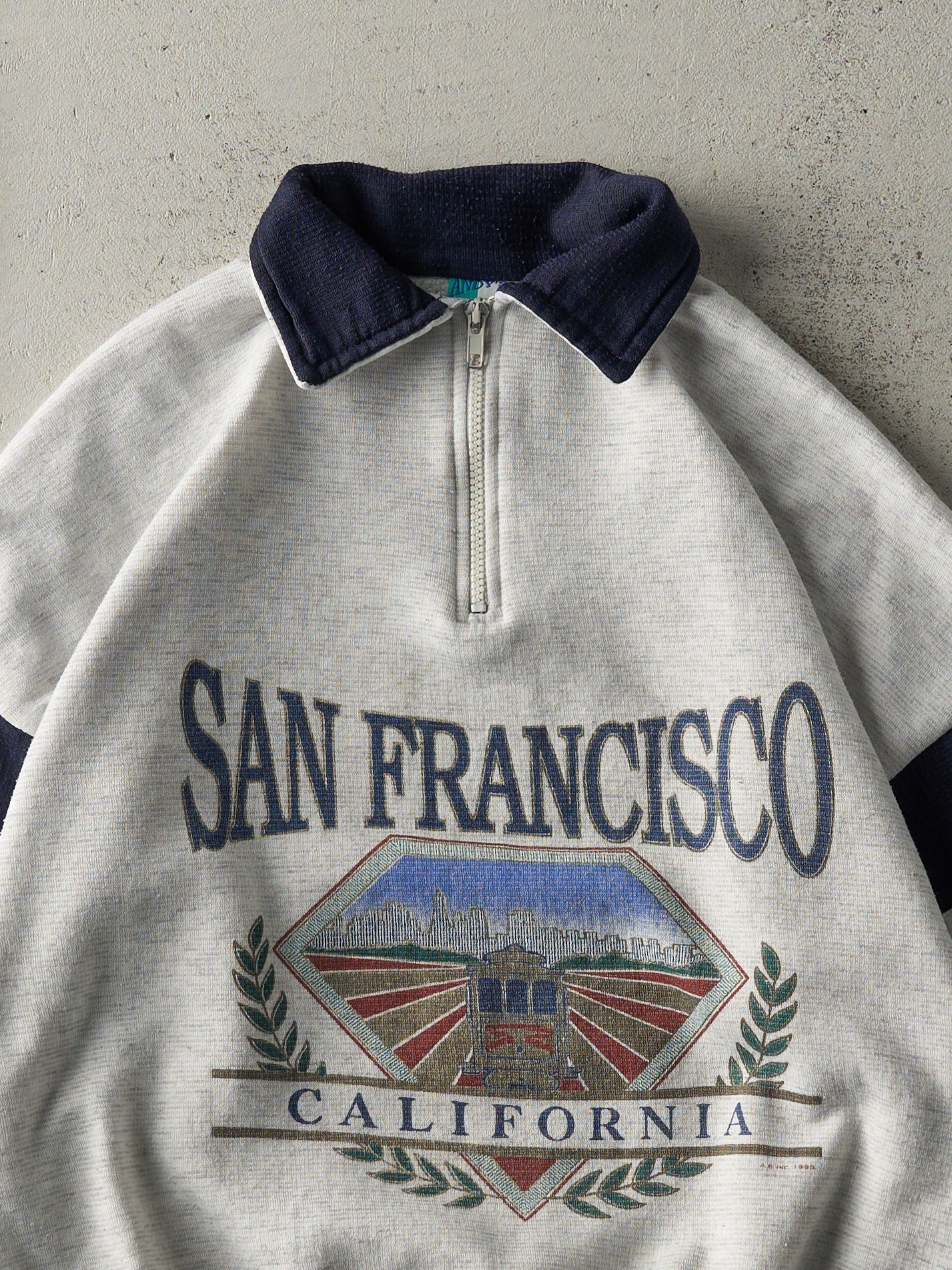 Vintage 95' Heather Grey & Navy San Francisco Boxy Quarter Zip Sweatshirt (M)