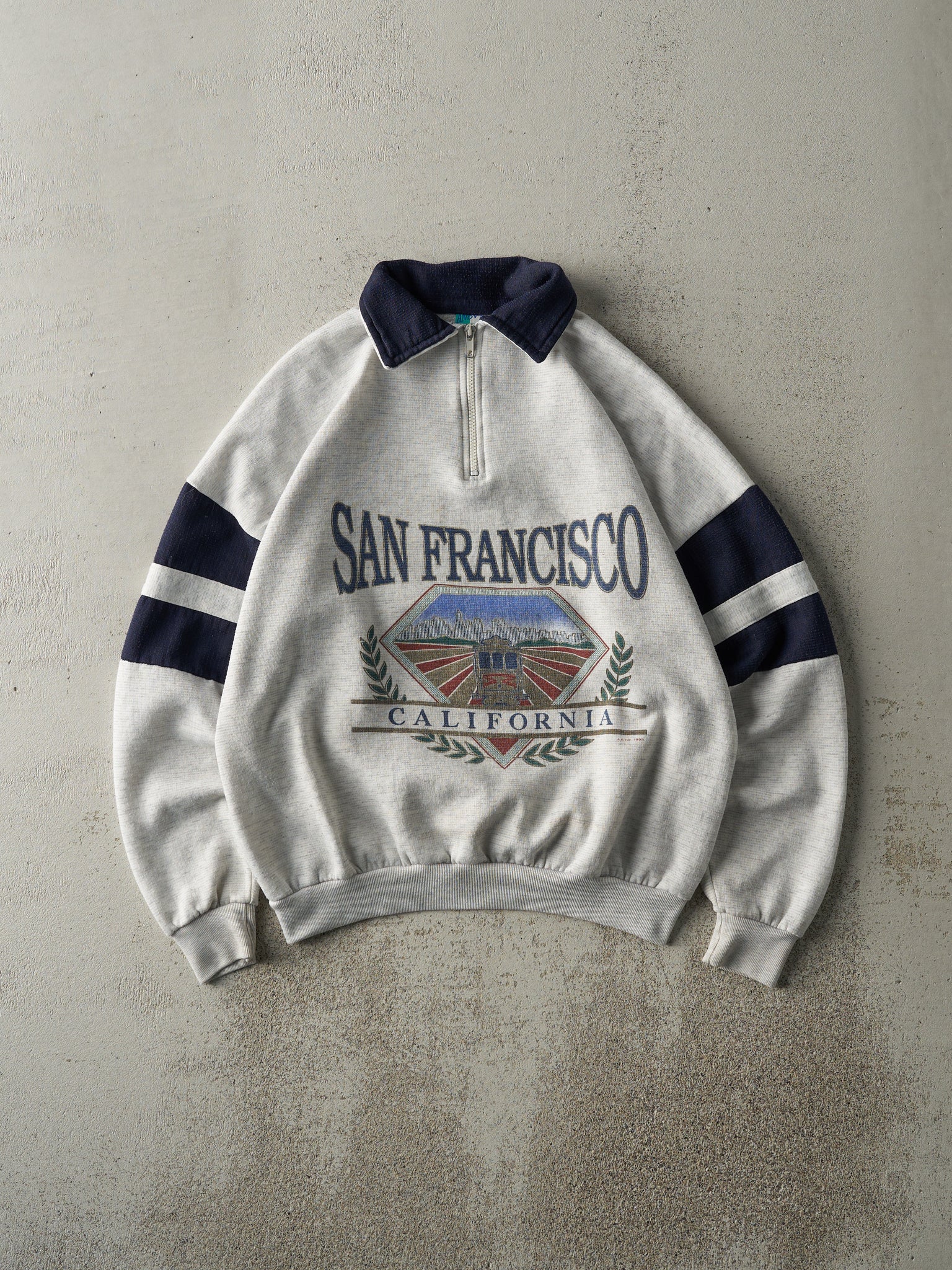 Vintage 95' Heather Grey & Navy San Francisco Boxy Quarter Zip Sweatshirt (M)