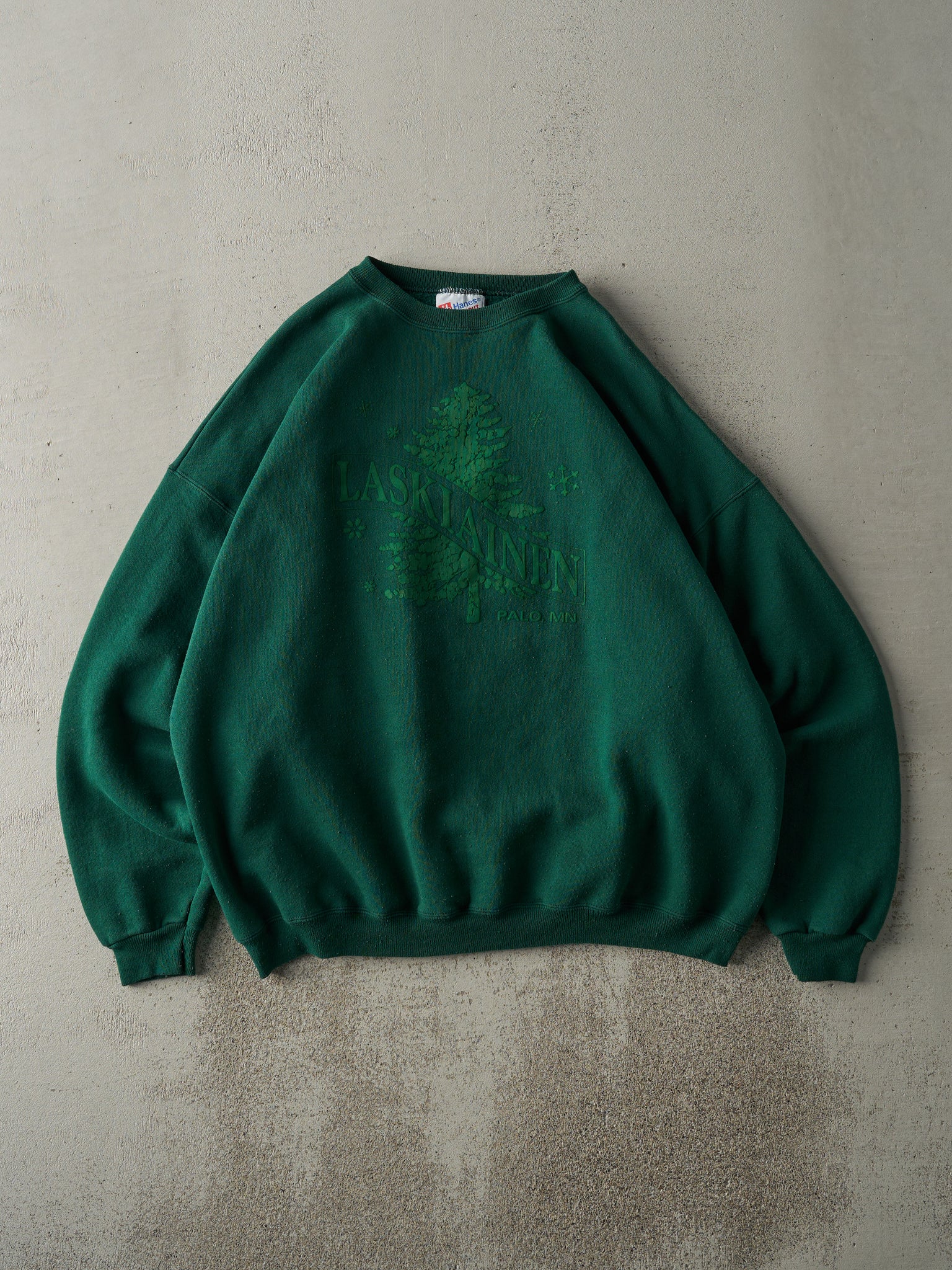 Vintage 90s Forest Green Laskiainen Palo Minnesota Boxy Crewneck (XL)