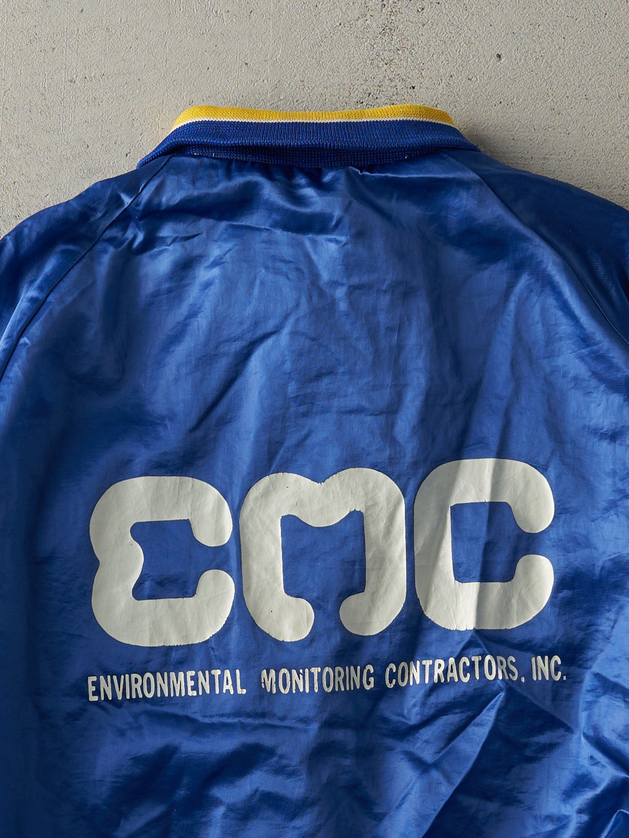 Vintage 80s Blue Environmental Monitoring Contractors Satin Bomber Jacket (M)