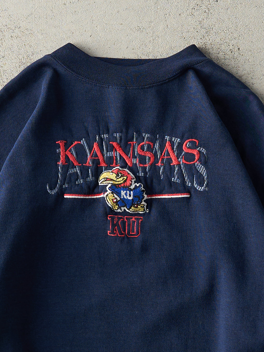 Vintage Y2K Navy Blue & Grey Kansas University Jayhawks Embroidered Crewneck (L)