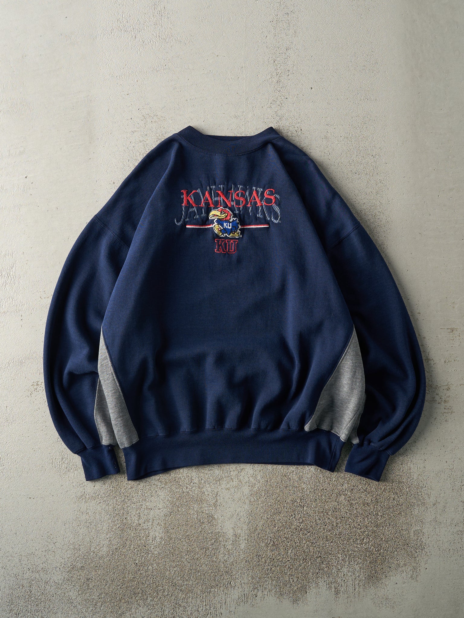 Vintage Y2K Navy Blue & Grey Kansas University Jayhawks Embroidered Crewneck (L)