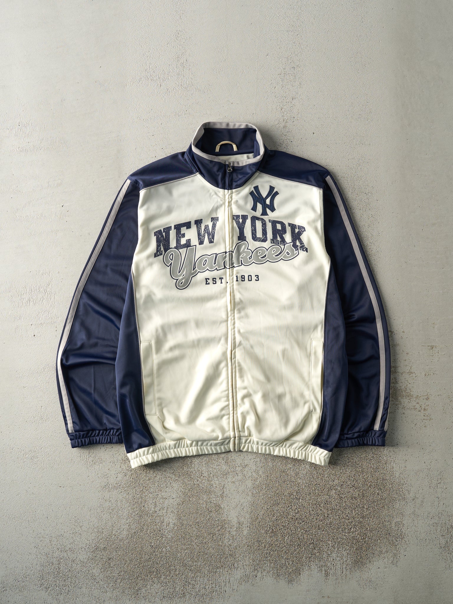 Vintage Y2K White & Navy Blue Zip Up Yankee Track Jacket (S/M)